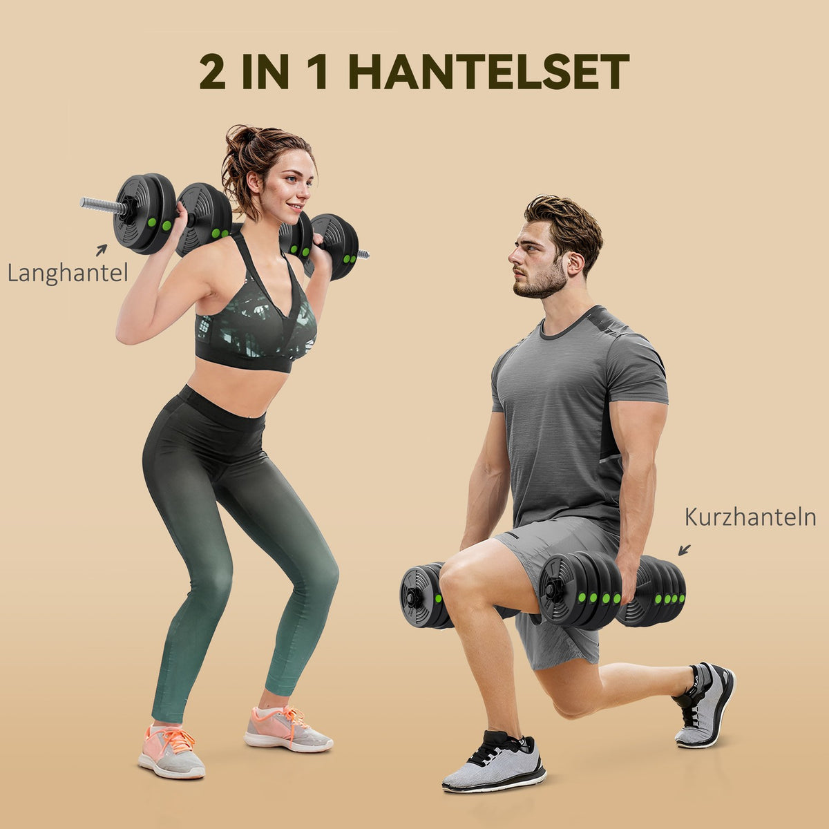 2-in-1 Dumbbell Set, Adjustable 30 kg, Non-Slip, Black/Green