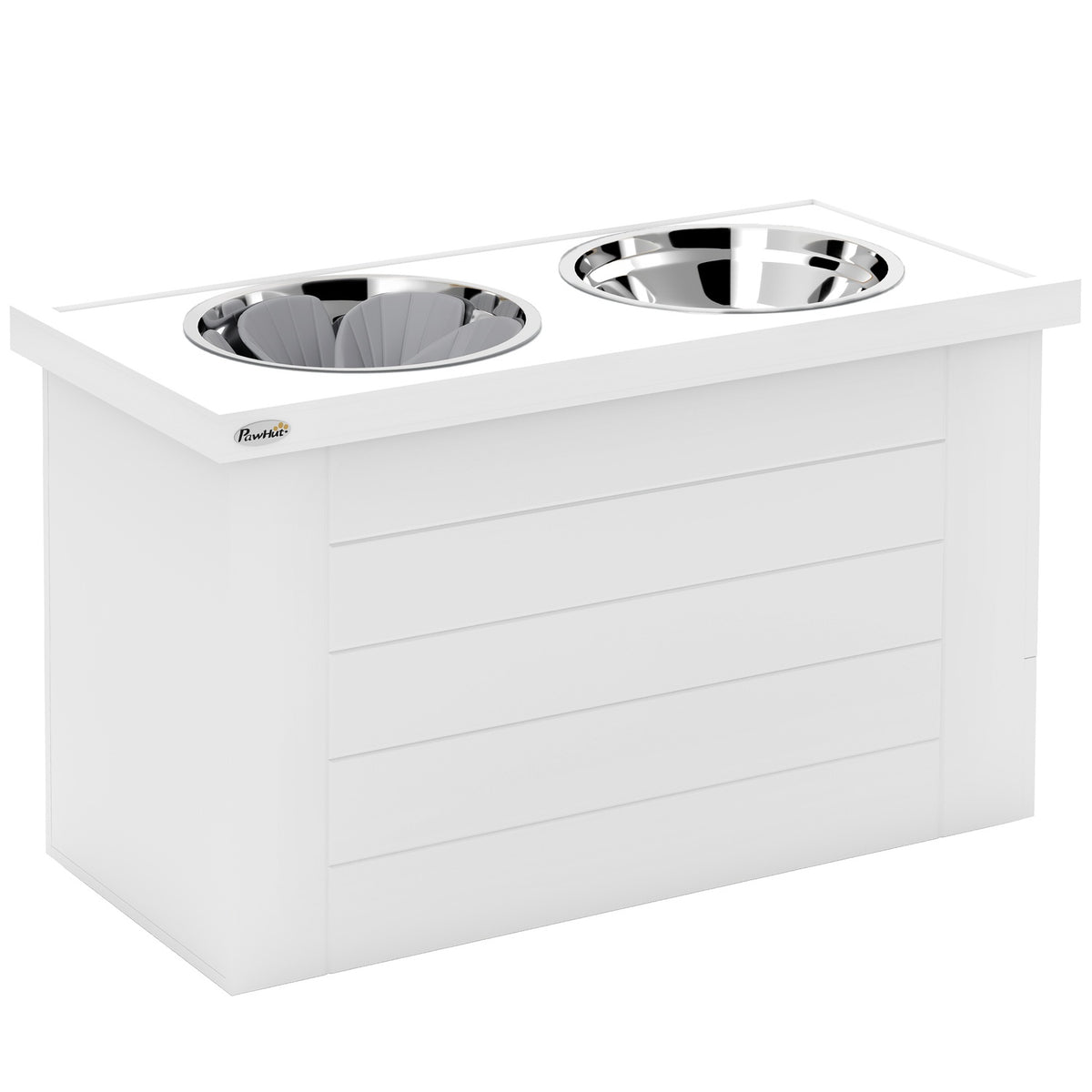 2-in-1 Elevated Dog Bowl Height Adjustable Feeding Bowl with Stand Storage Space 2 x 2L Stainless Steel Bowls Slow Feeding Mat Feeding Station Dog Bowls for Large Dogs Cats White