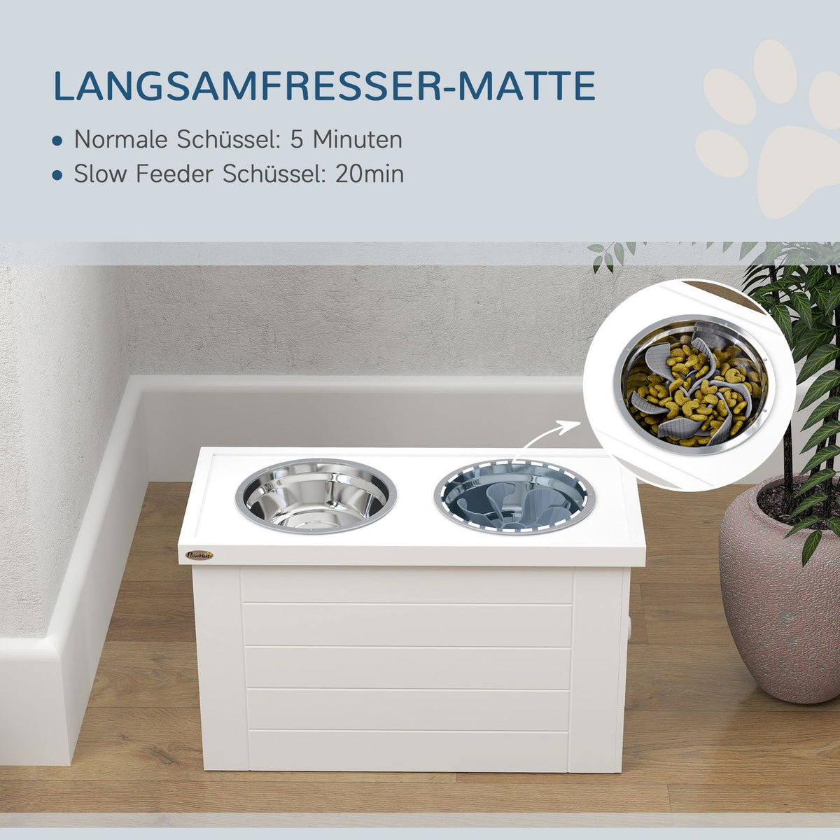 2-in-1 Elevated Dog Bowl Height Adjustable Feeding Bowl with Stand Storage Space 2 x 2L Stainless Steel Bowls Slow Feeding Mat Feeding Station Dog Bowls for Large Dogs Cats White
