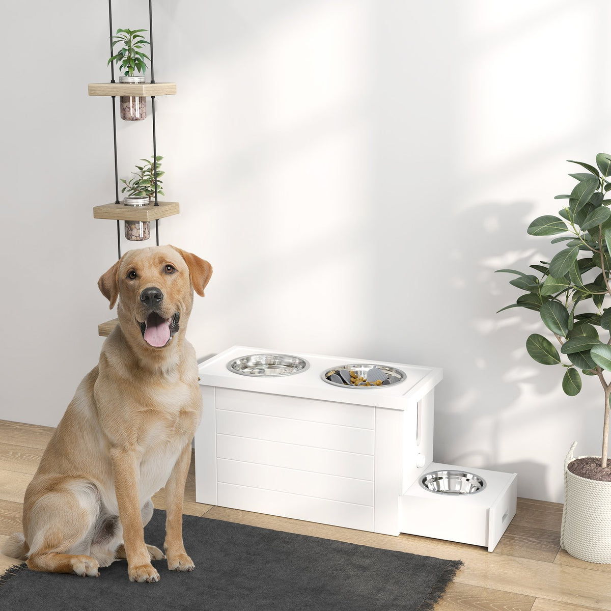 2-in-1 Elevated Dog Bowl Height Adjustable Feeding Bowl with Stand Storage Space 2 x 2L Stainless Steel Bowls Slow Feeding Mat Feeding Station Dog Bowls for Large Dogs Cats White