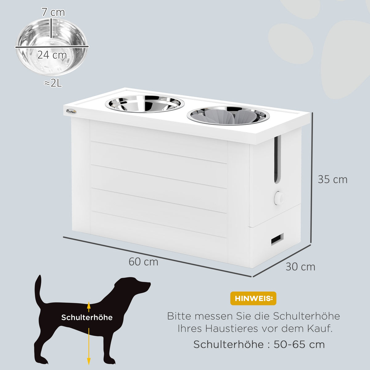 2-in-1 Elevated Dog Bowl Height Adjustable Feeding Bowl with Stand Storage Space 2 x 2L Stainless Steel Bowls Slow Feeding Mat Feeding Station Dog Bowls for Large Dogs Cats White
