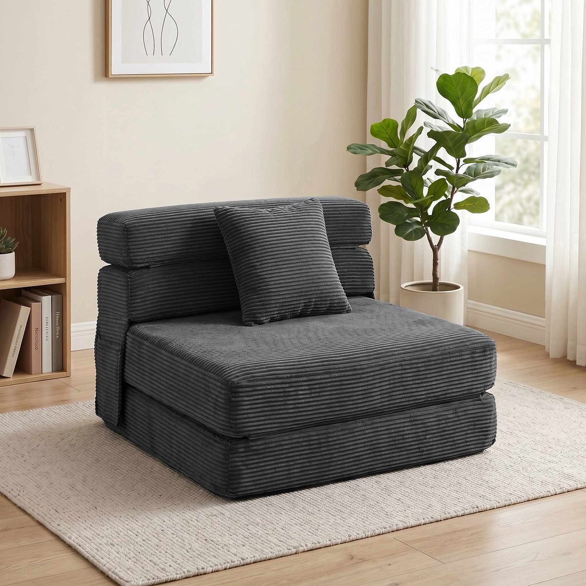 2-in-1 Foldable Floor Chair Bed, Cord Fabric, Dark Grey