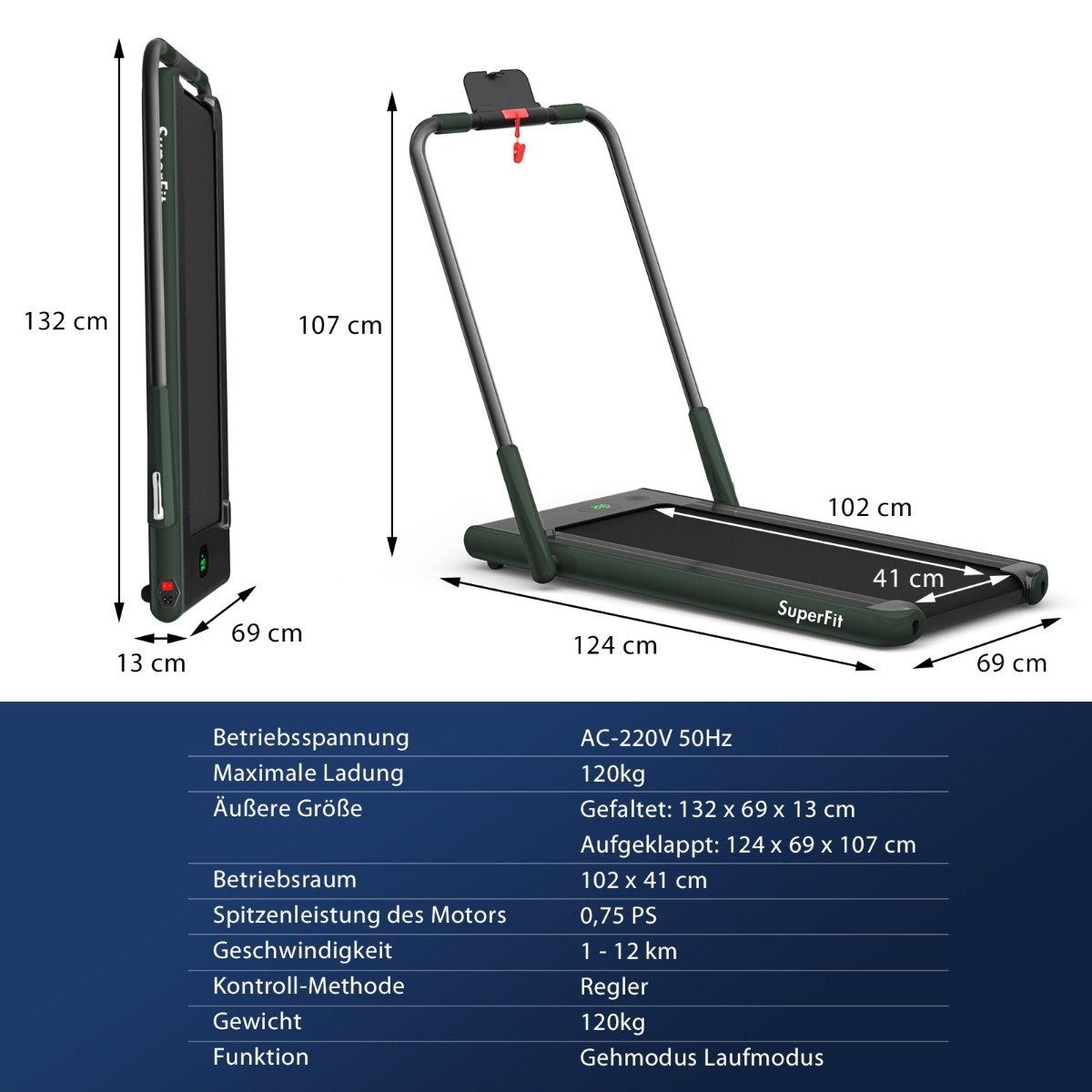 2-in-1 Foldable Treadmill with APP & Remote Control Mobile Phone Holder LED Display and Speaker Green