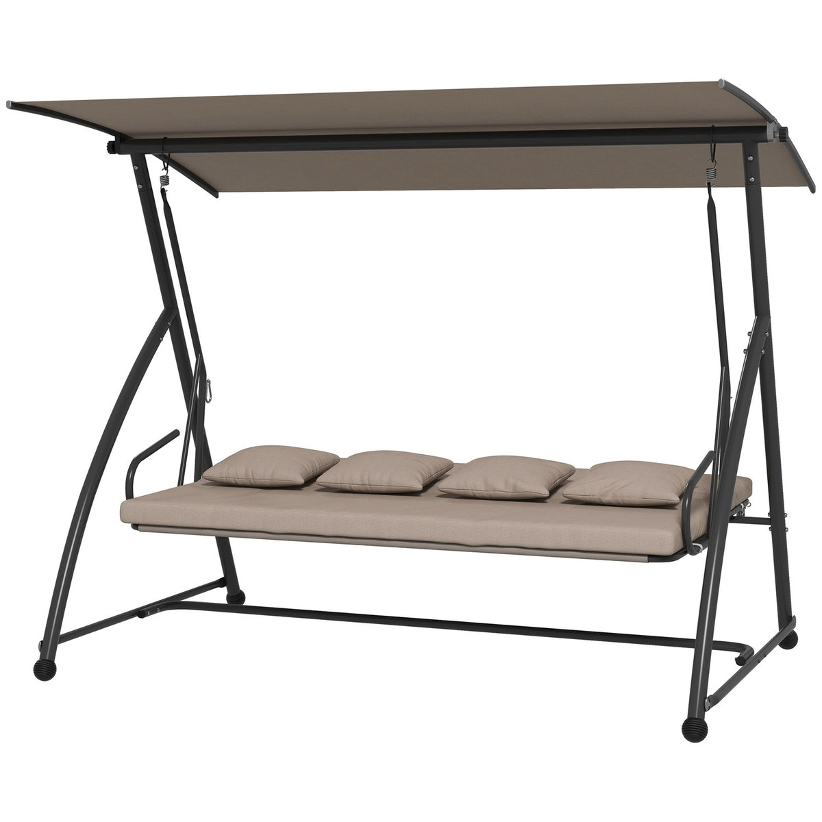 2 in 1 Hollywood swing with reclining function, 3-seater garden swing made of steel, swing bench with adjustable sun canopy cushion, garden lounger 270kg load for terrace, 170x110x153cm, light brown