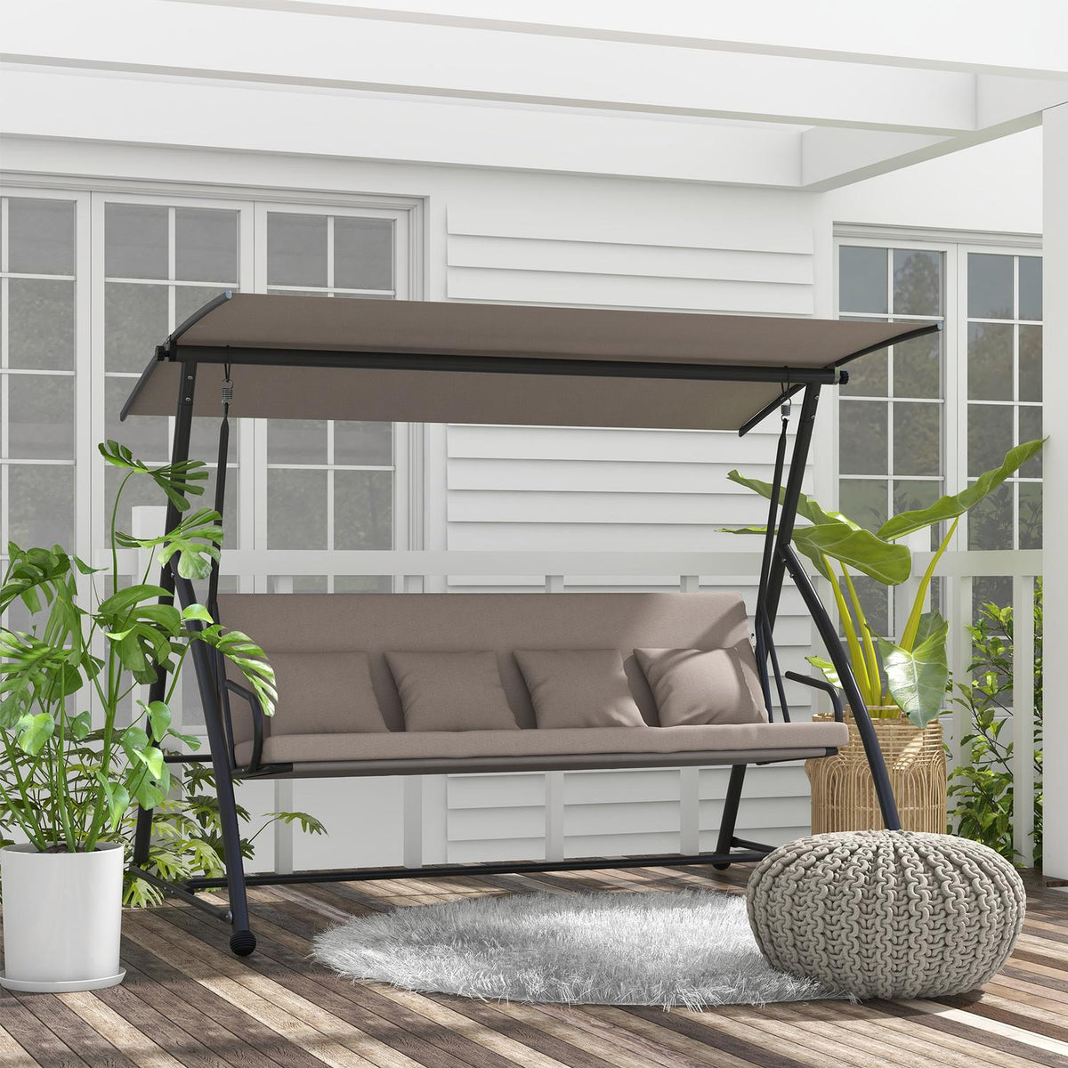 2 in 1 Hollywood swing with reclining function, 3-seater garden swing made of steel, swing bench with adjustable sun canopy cushion, garden lounger 270kg load for terrace, 170x110x153cm, light brown