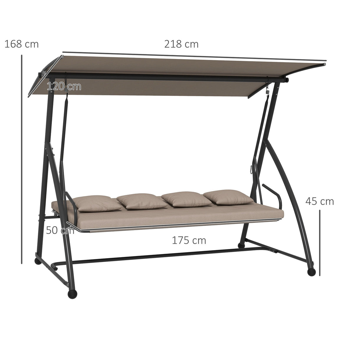 2 in 1 Hollywood swing with reclining function, 3-seater garden swing made of steel, swing bench with adjustable sun canopy cushion, garden lounger 270kg load for terrace, 170x110x153cm, light brown