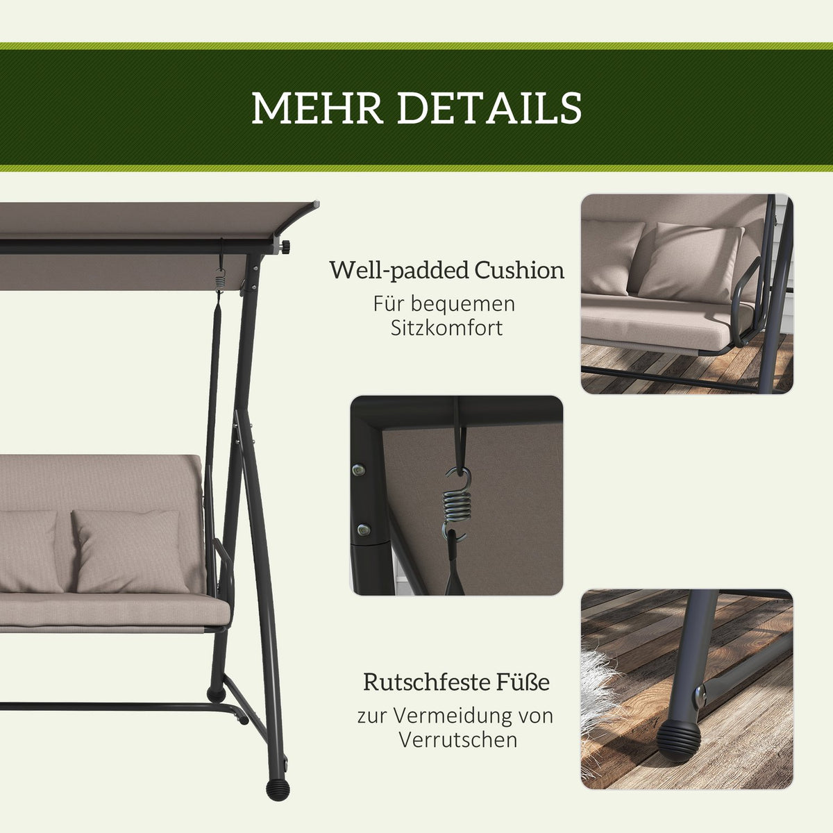 2 in 1 Hollywood swing with reclining function, 3-seater garden swing made of steel, swing bench with adjustable sun canopy cushion, garden lounger 270kg load for terrace, 170x110x153cm, light brown