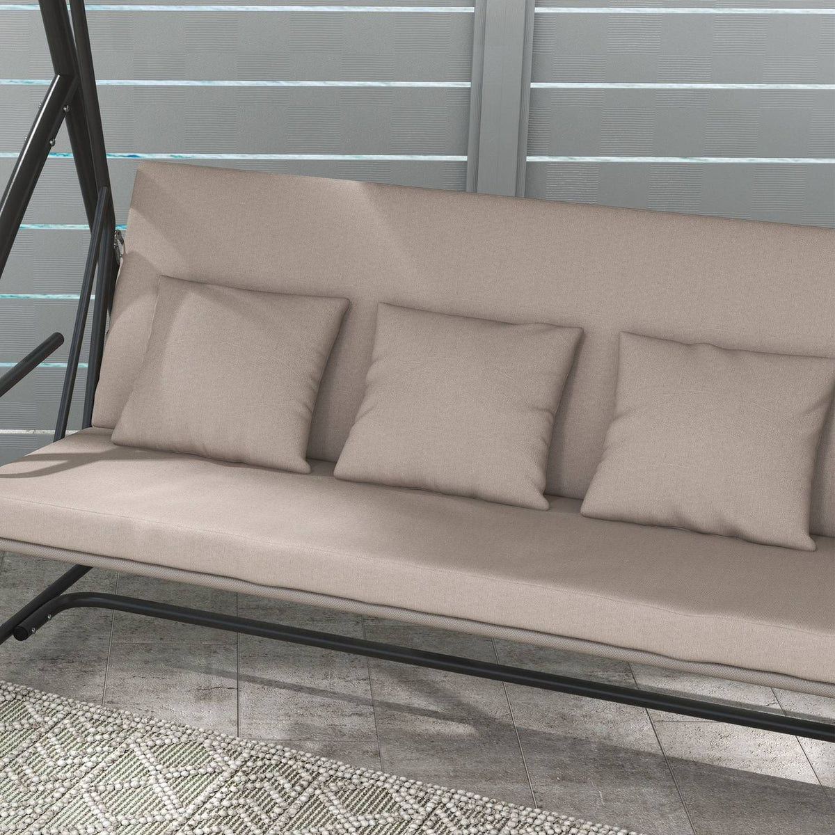 2 in 1 Hollywood swing with reclining function, 3-seater garden swing made of steel, swing bench with adjustable sun canopy cushion, garden lounger 270kg load for terrace, 170x110x153cm, light brown