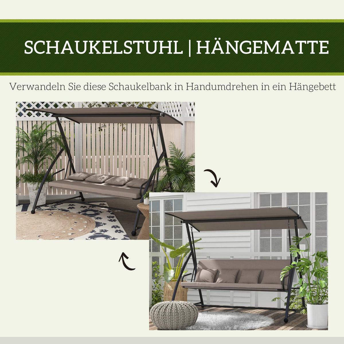2 in 1 Hollywood swing with reclining function, 3-seater garden swing made of steel, swing bench with adjustable sun canopy cushion, garden lounger 270kg load for terrace, 170x110x153cm, light brown