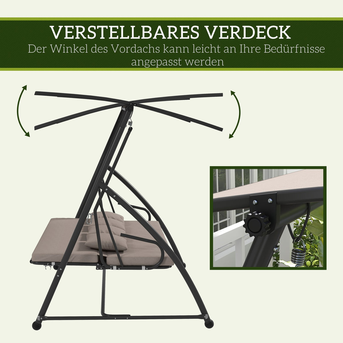 2 in 1 Hollywood swing with reclining function, 3-seater garden swing made of steel, swing bench with adjustable sun canopy cushion, garden lounger 270kg load for terrace, 170x110x153cm, light brown