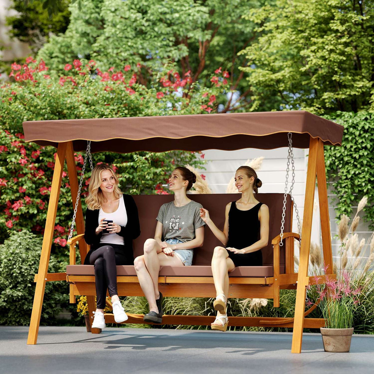 2 in 1 Hollywood swing with reclining function, 3-seater garden swing made of wood, wooden swing with sun canopy seat cushion, swing bench up to 330kg, for garden, terrace, 236x130x181 cm, brown |
