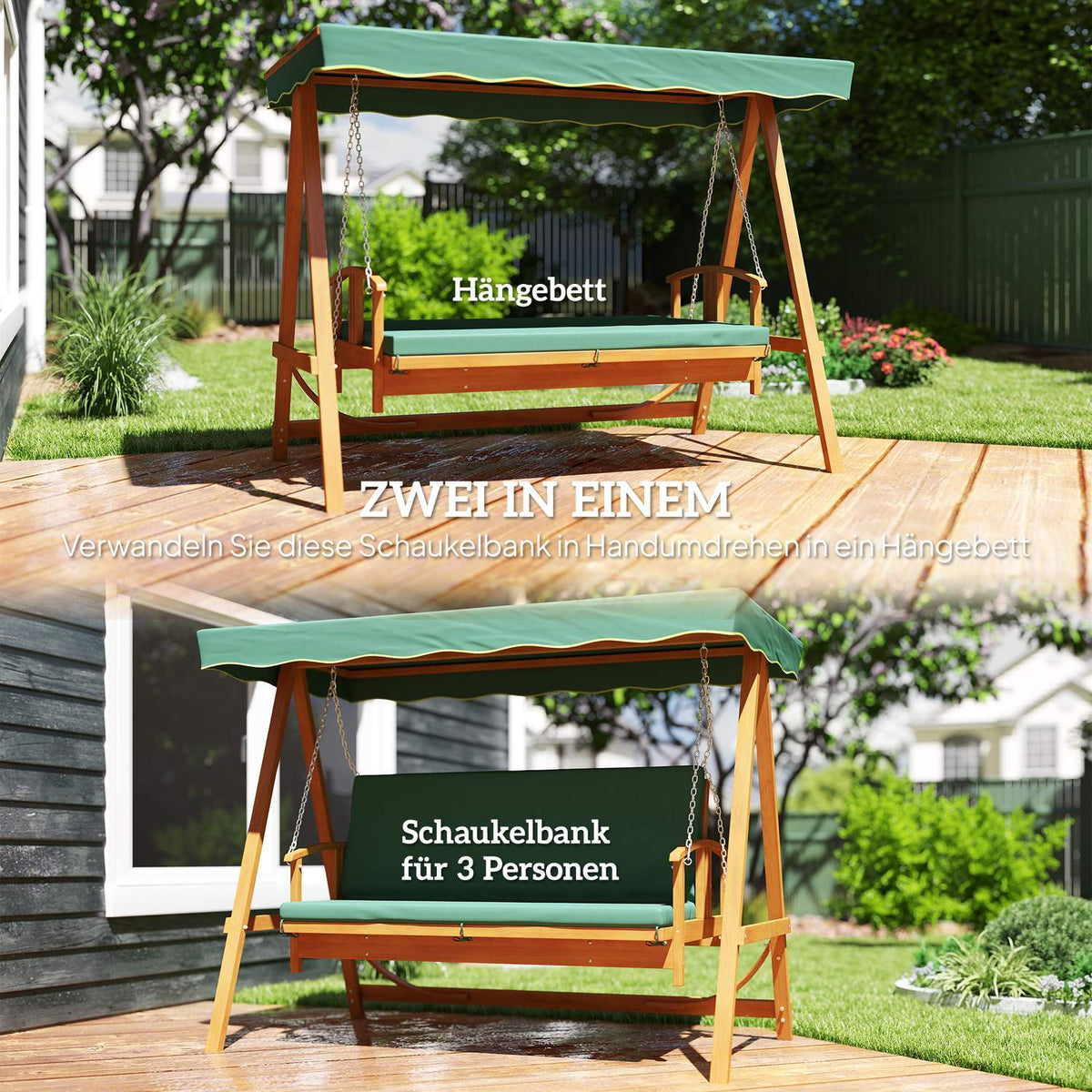 2 in 1 Hollywood swing with reclining function, 3-seater garden swing made of wood, wooden swing with sun canopy seat cushion, swing bench up to 330kg, for garden, terrace, 236x130x181 cm, dark green |