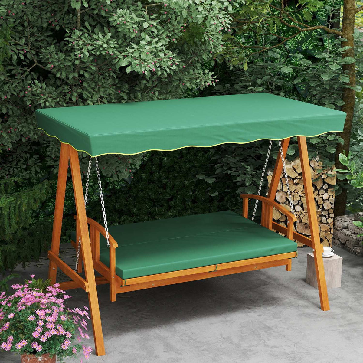 2 in 1 Hollywood swing with reclining function, 3-seater garden swing made of wood, wooden swing with sun canopy seat cushion, swing bench up to 330kg, for garden, terrace, 236x130x181 cm, dark green |