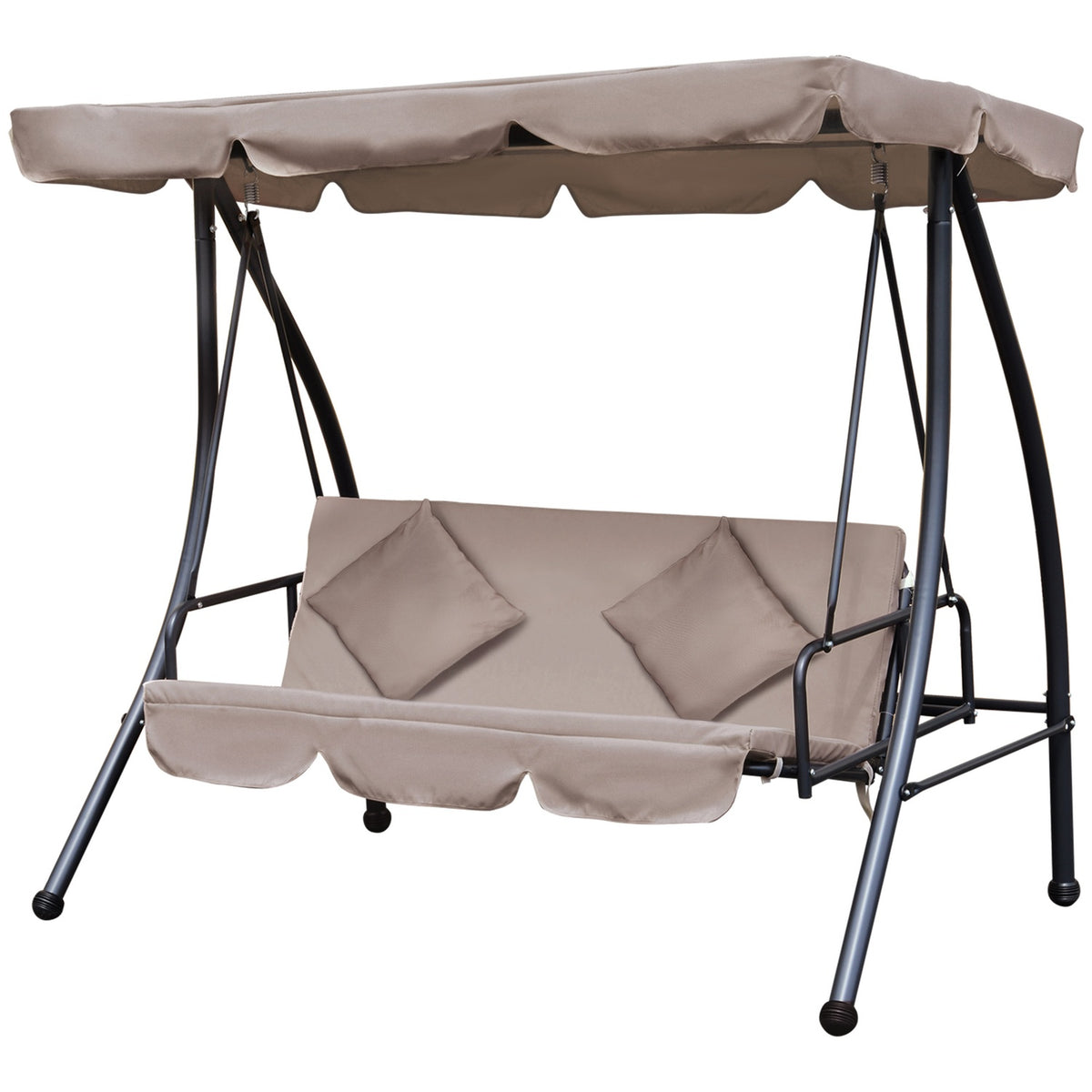 2 in 1 Hollywood swing with reclining function, 3-seater garden swing with adjustable sun canopy cushion, swing bench loads up to 340kg, garden lounger for garden terrace 200x 125 x 170 cm beige