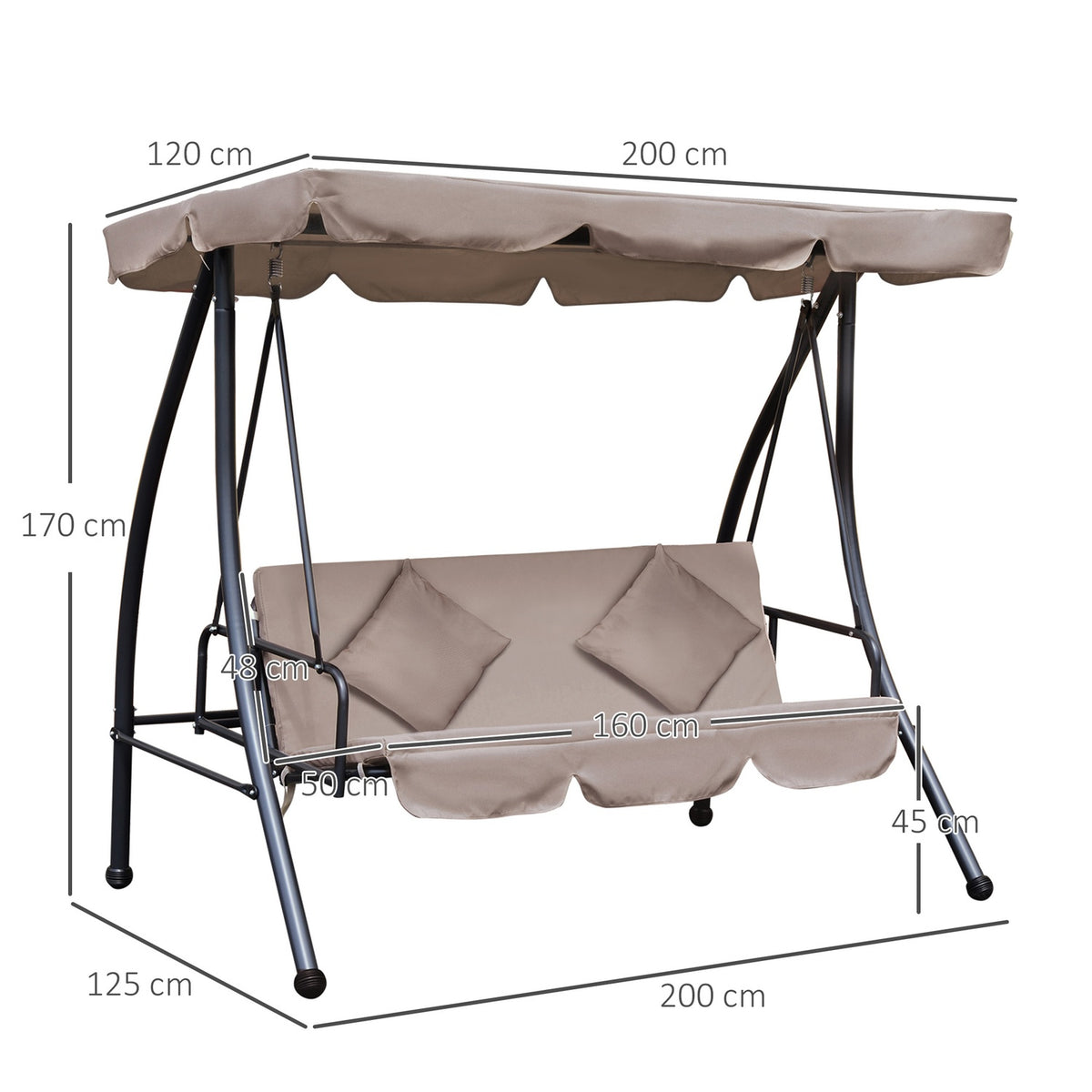 2 in 1 Hollywood swing with reclining function, 3-seater garden swing with adjustable sun canopy cushion, swing bench loads up to 340kg, garden lounger for garden terrace 200x 125 x 170 cm beige
