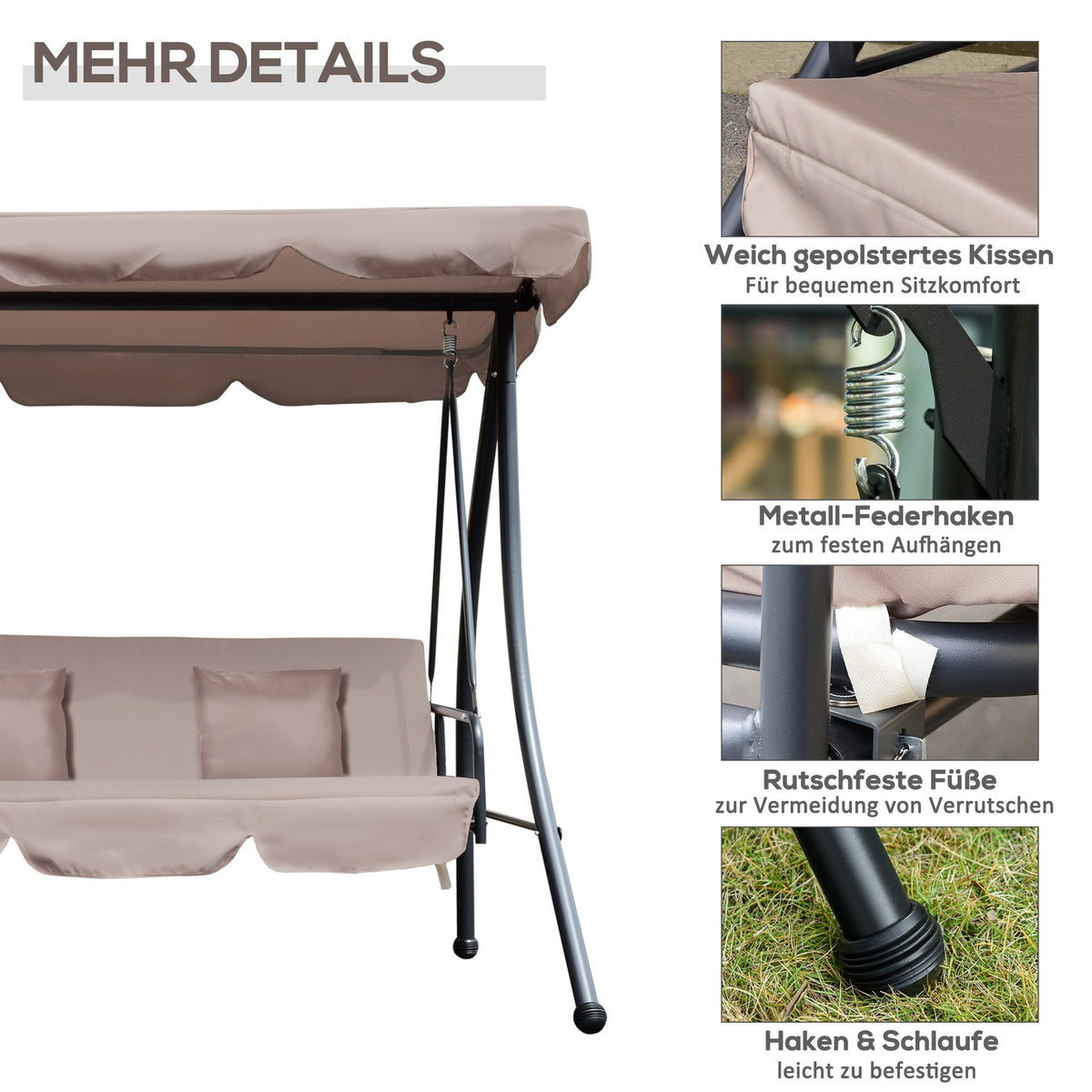 2 in 1 Hollywood swing with reclining function, 3-seater garden swing with adjustable sun canopy cushion, swing bench loads up to 340kg, garden lounger for garden terrace 200x 125 x 170 cm beige