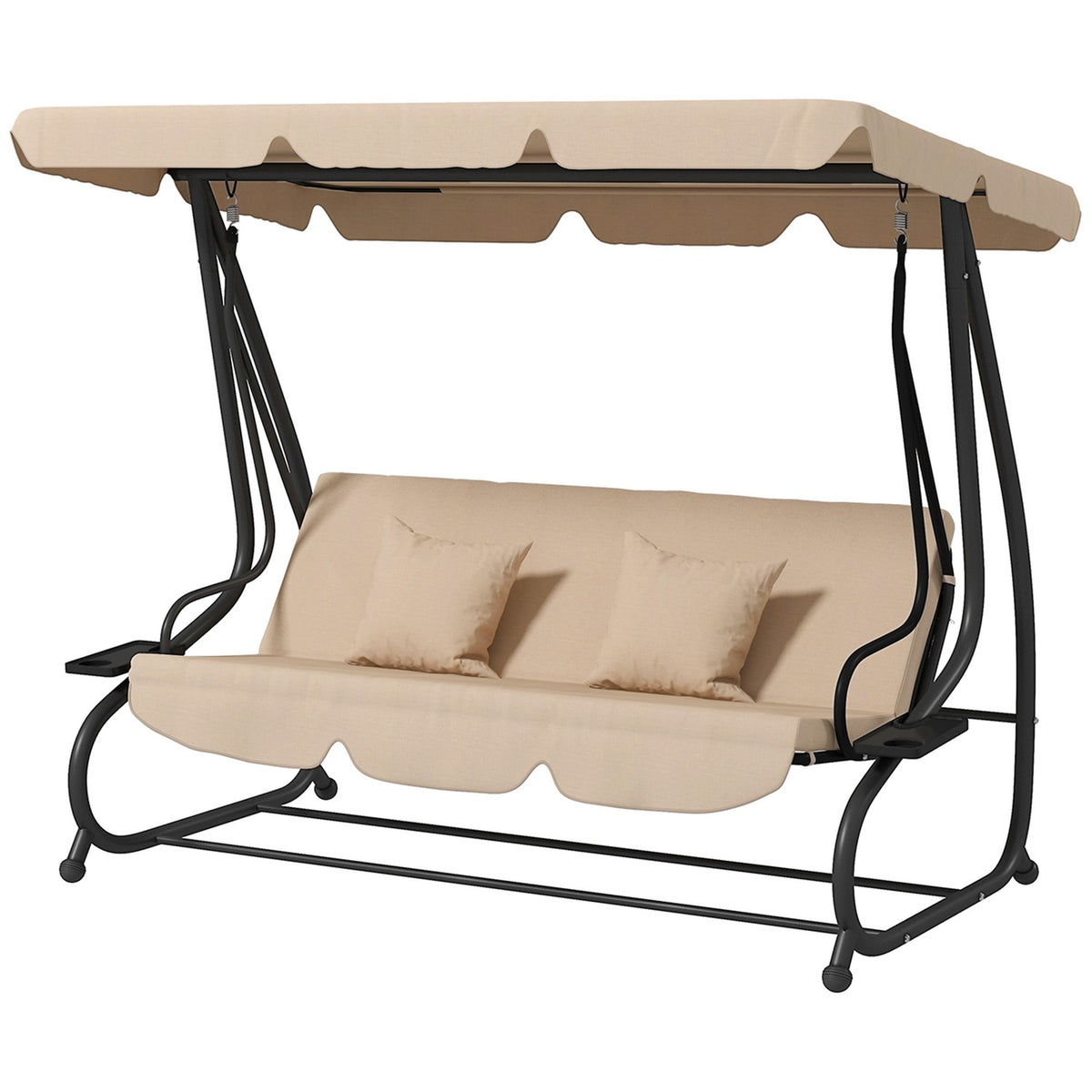 2 in 1 Hollywood swing with reclining function, 3-seater garden swing with sun canopy, drink holder cushion, swing bench loads up to 340kg, garden lounger for garden, terrace, 200x120x164 cm, brown