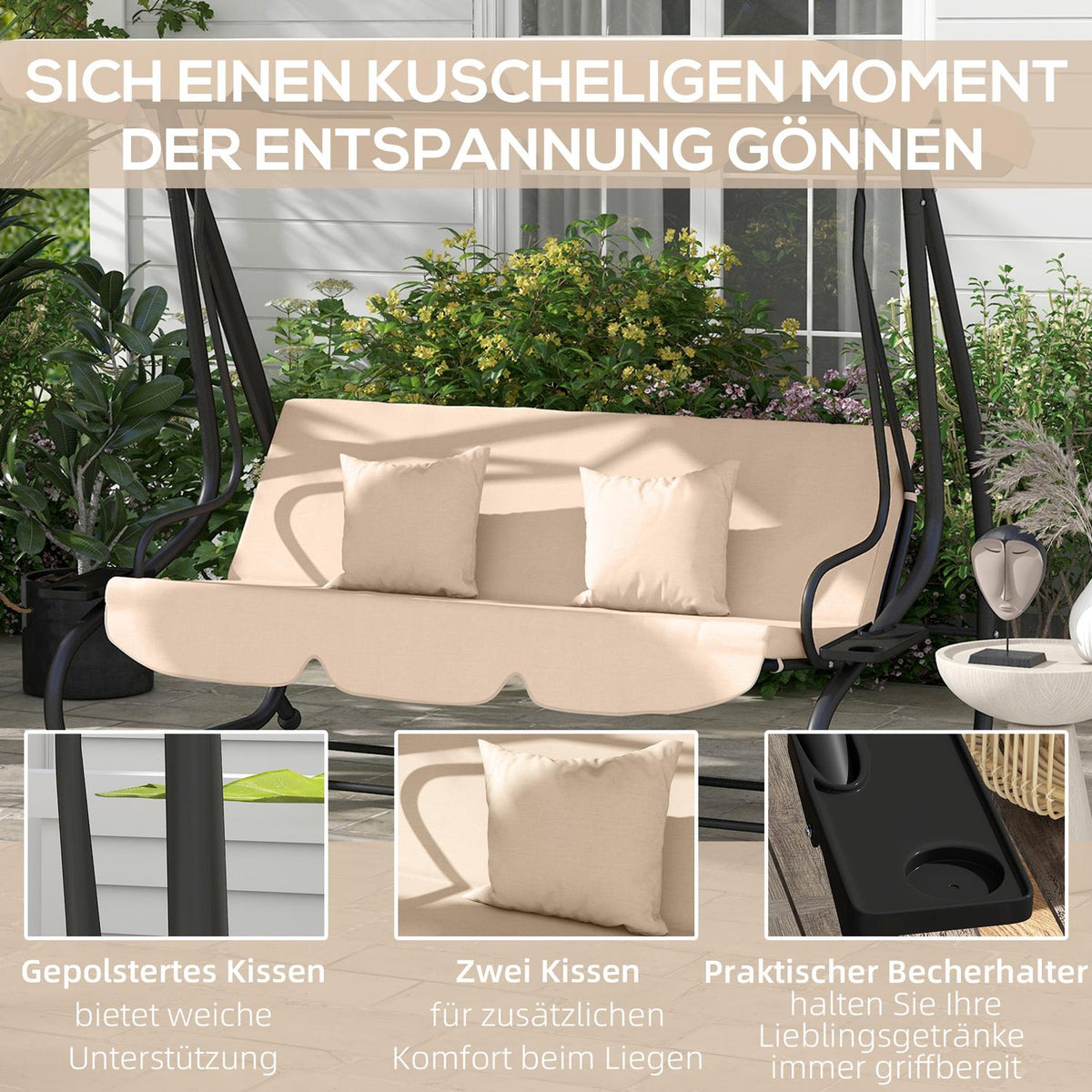 2 in 1 Hollywood swing with reclining function, 3-seater garden swing with sun canopy, drink holder cushion, swing bench loads up to 340kg, garden lounger for garden, terrace, 200x120x164 cm, brown