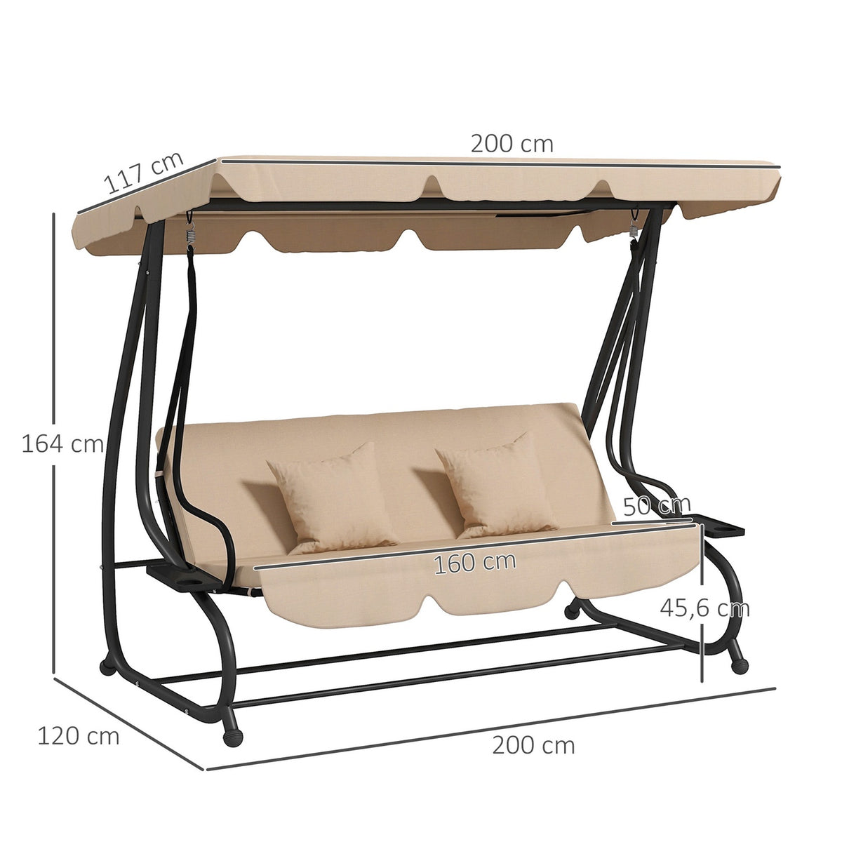 2 in 1 Hollywood swing with reclining function, 3-seater garden swing with sun canopy, drink holder cushion, swing bench loads up to 340kg, garden lounger for garden, terrace, 200x120x164 cm, brown