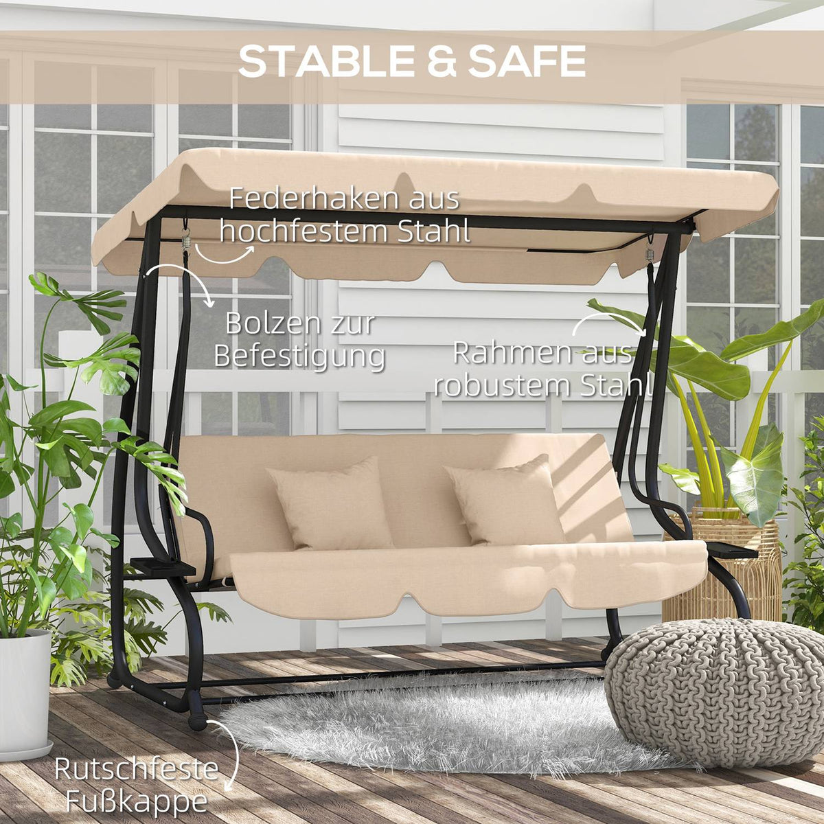 2 in 1 Hollywood swing with reclining function, 3-seater garden swing with sun canopy, drink holder cushion, swing bench loads up to 340kg, garden lounger for garden, terrace, 200x120x164 cm, brown