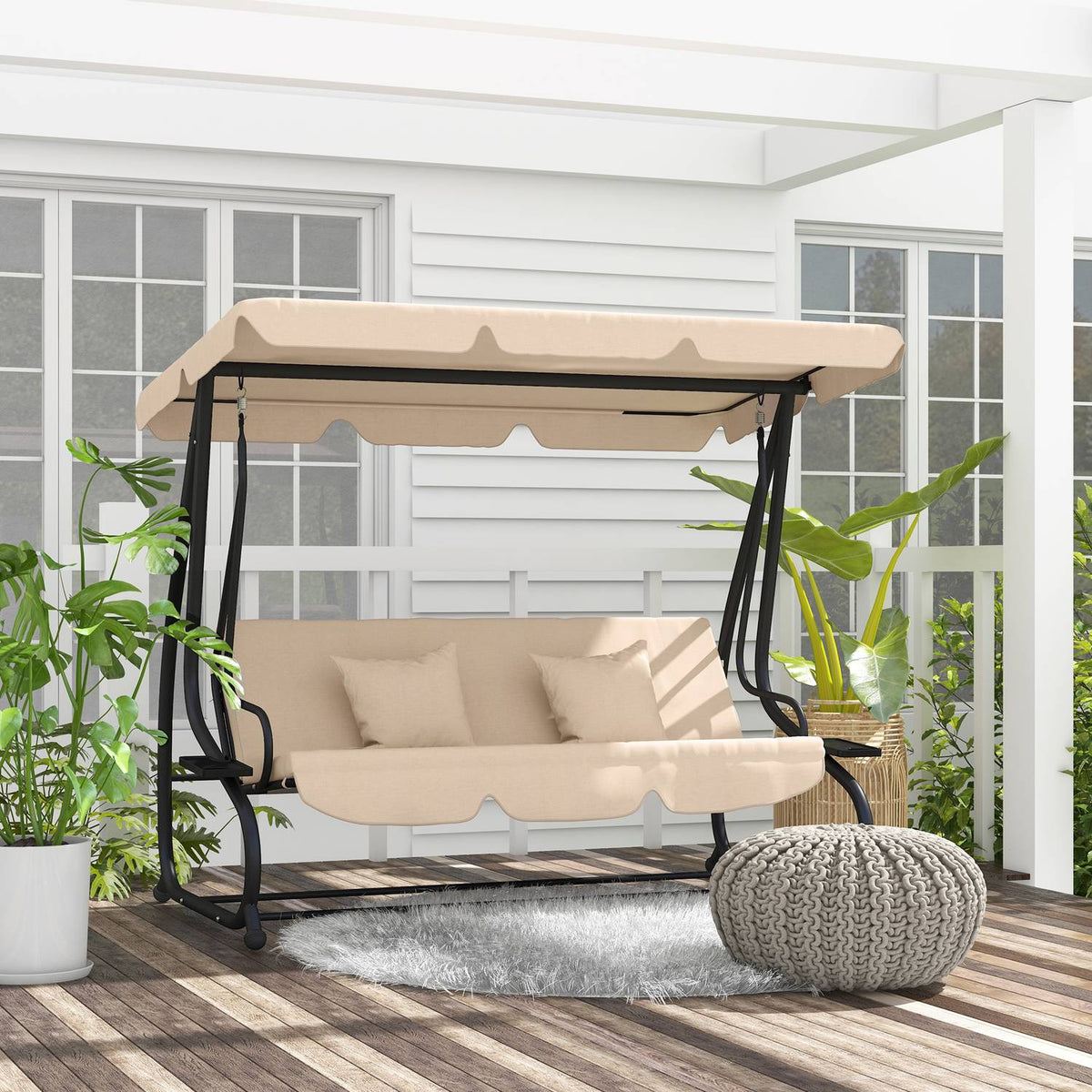 2 in 1 Hollywood swing with reclining function, 3-seater garden swing with sun canopy, drink holder cushion, swing bench loads up to 340kg, garden lounger for garden, terrace, 200x120x164 cm, brown