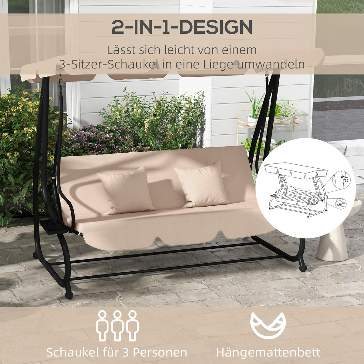 2 in 1 Hollywood swing with reclining function, 3-seater garden swing with sun canopy, drink holder cushion, swing bench loads up to 340kg, garden lounger for garden, terrace, 200x120x164 cm, brown