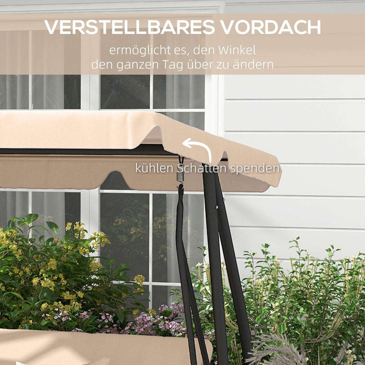 2 in 1 Hollywood swing with reclining function, 3-seater garden swing with sun canopy, drink holder cushion, swing bench loads up to 340kg, garden lounger for garden, terrace, 200x120x164 cm, brown