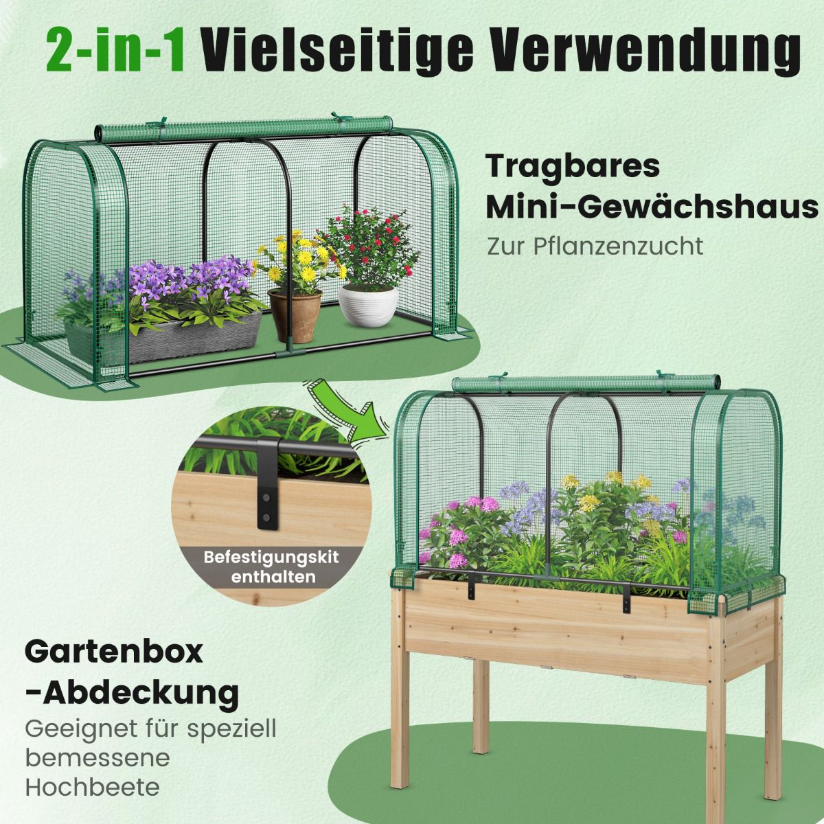 2-in-1 Mini Greenhouse with Roll-Up Zipper Door, PE Cover