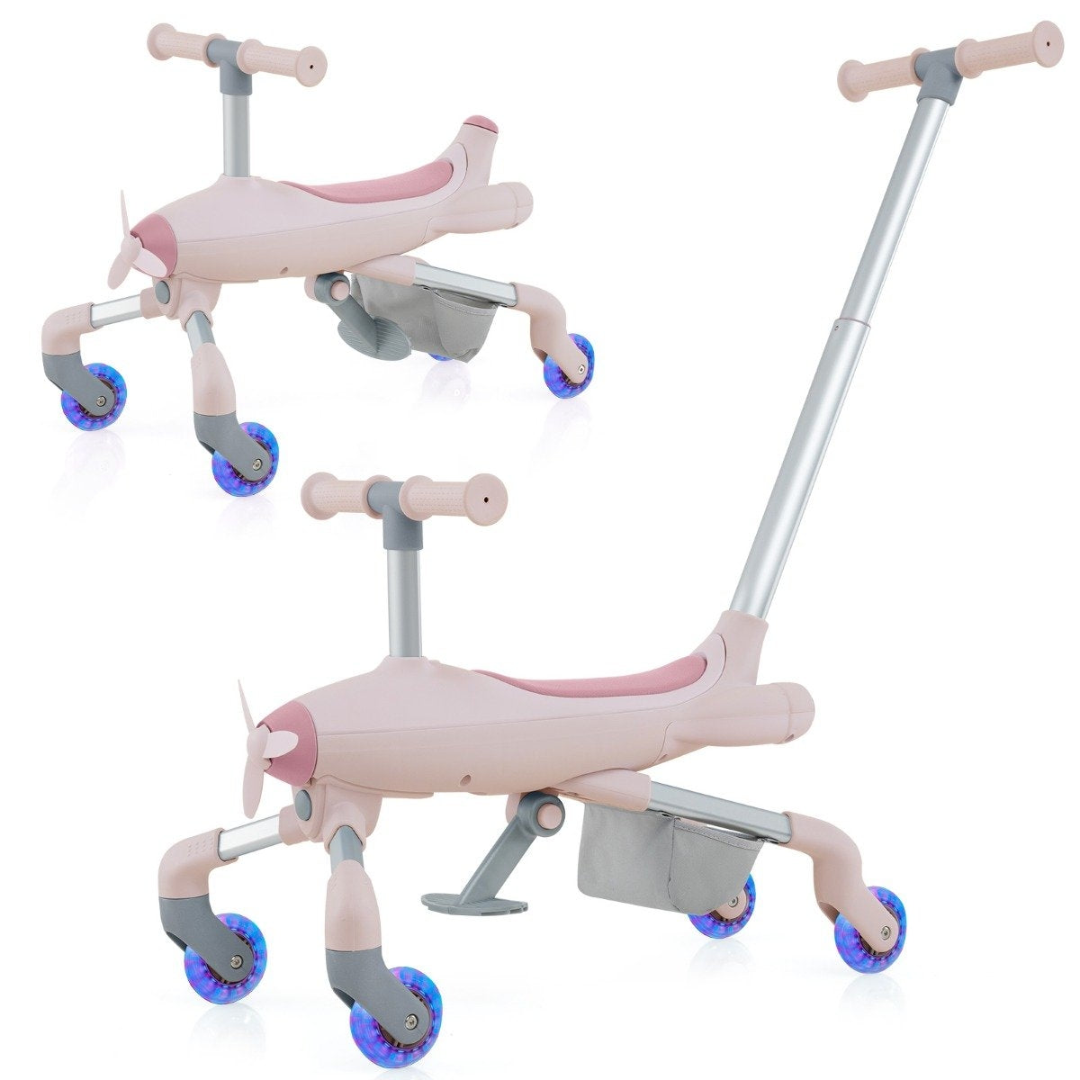 2-in-1 Push Car for Kids Airplane Motif Push Car with LED Illuminated Wheels Portable up to 50kg Pink