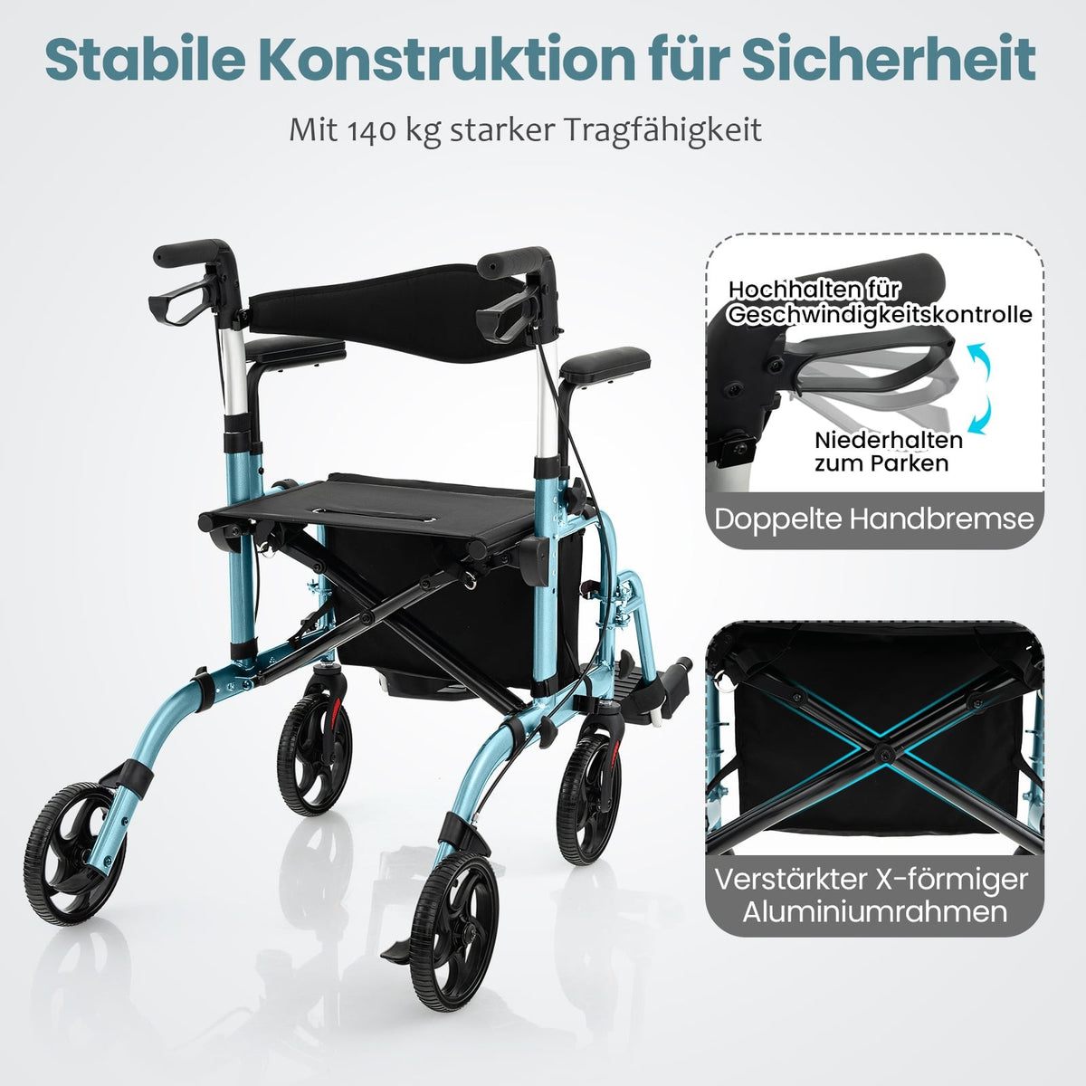 2-in-1 Rollator Walker & Transport Chair, Blue, Foldable