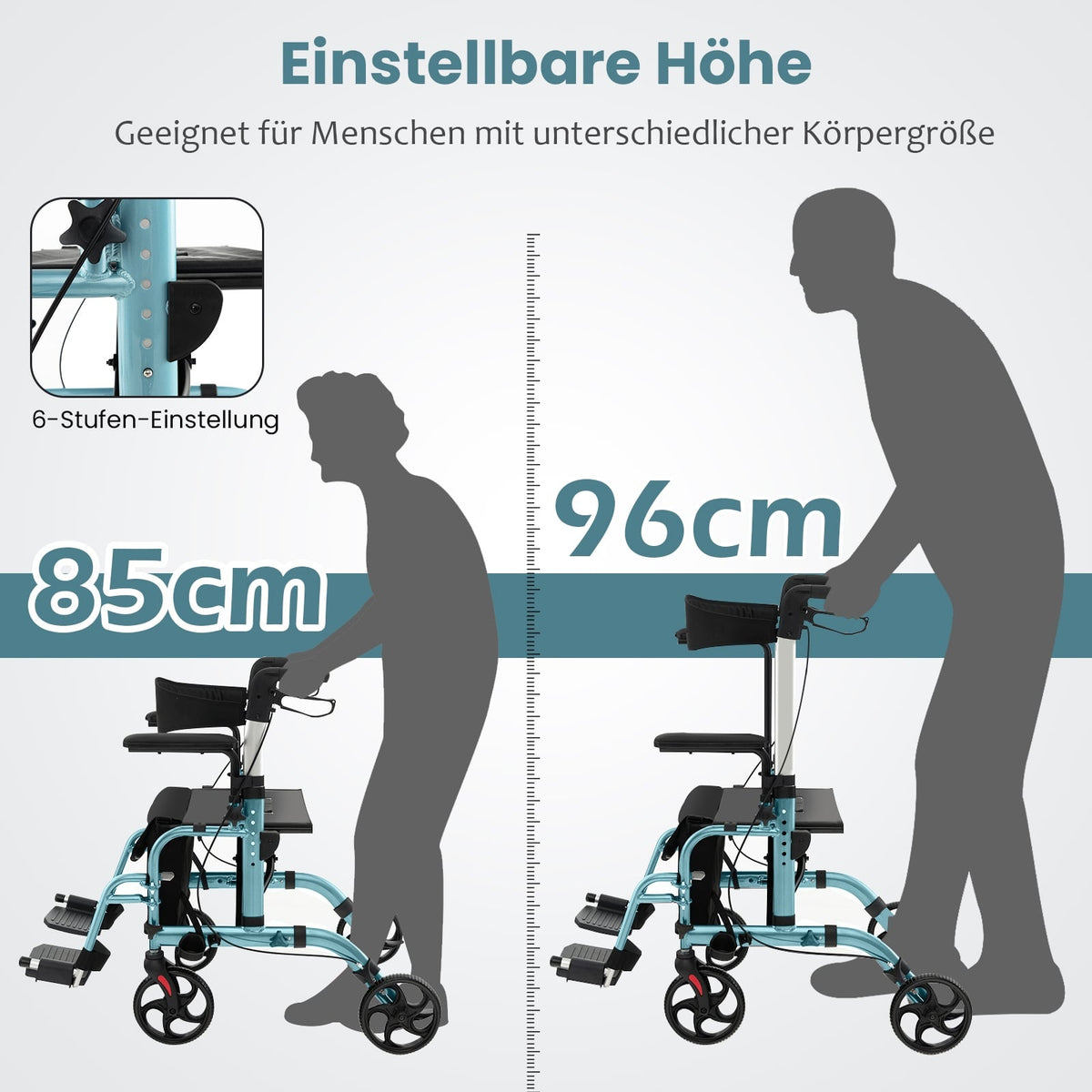 2-in-1 Rollator Walker & Transport Chair, Blue, Foldable