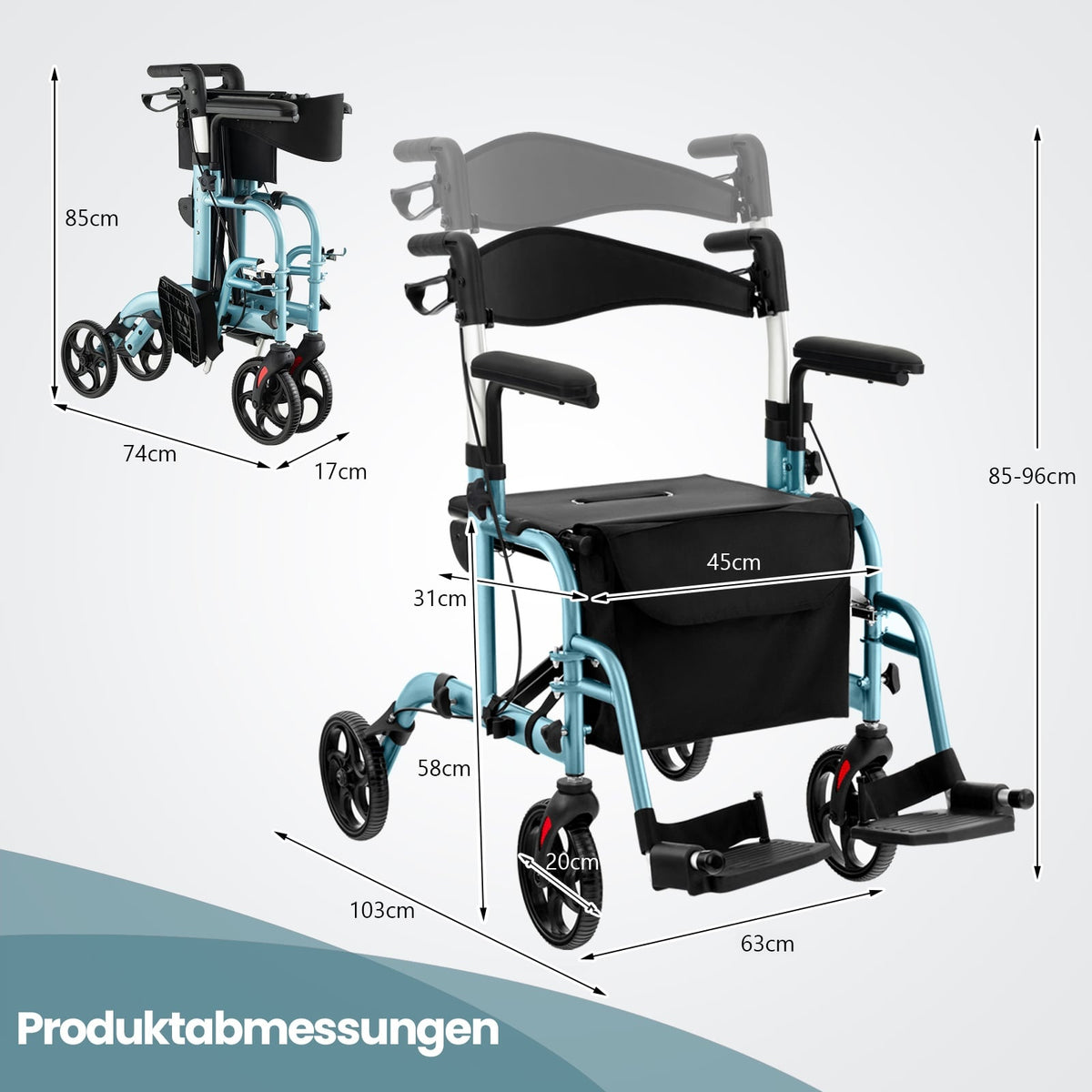 2-in-1 Rollator Walker & Transport Chair, Blue, Foldable