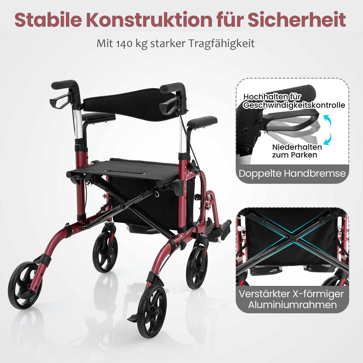 2-in-1 Rollator Walker & Transport Chair, Red, Foldable