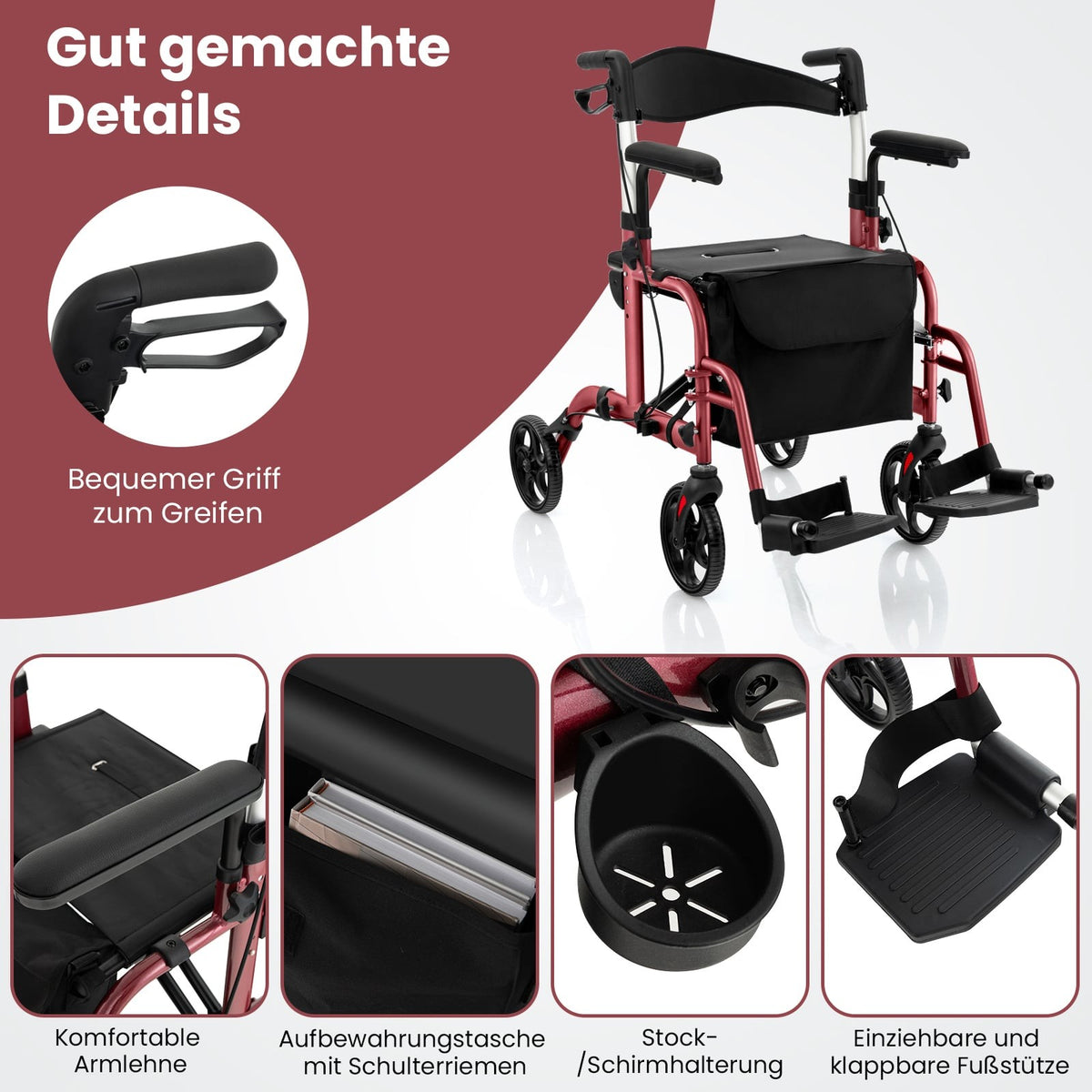 2-in-1 Rollator Walker & Transport Chair, Red, Foldable