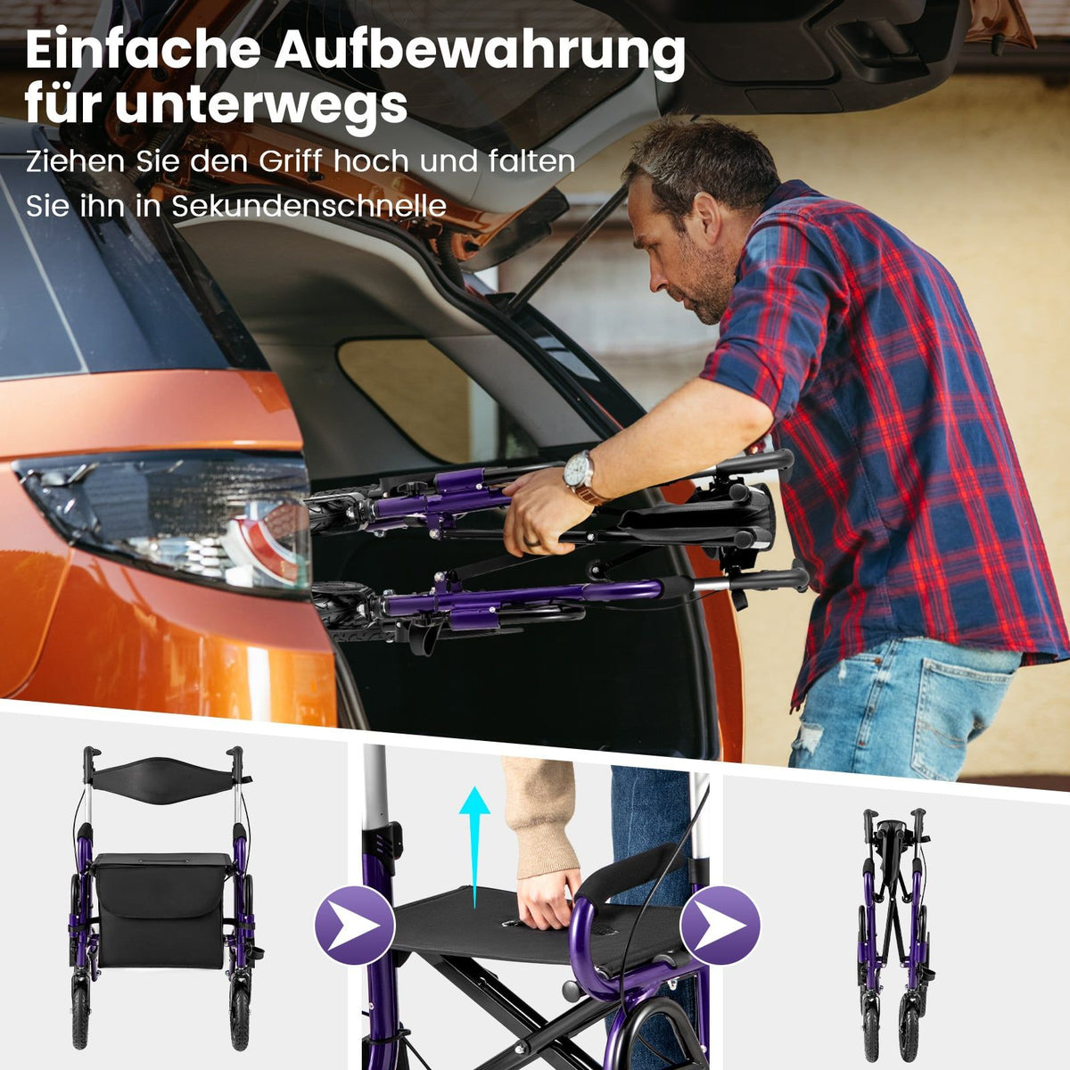 2-in-1 Rollator & Wheelchair, Foldable, 23cm Pneumatic Wheels