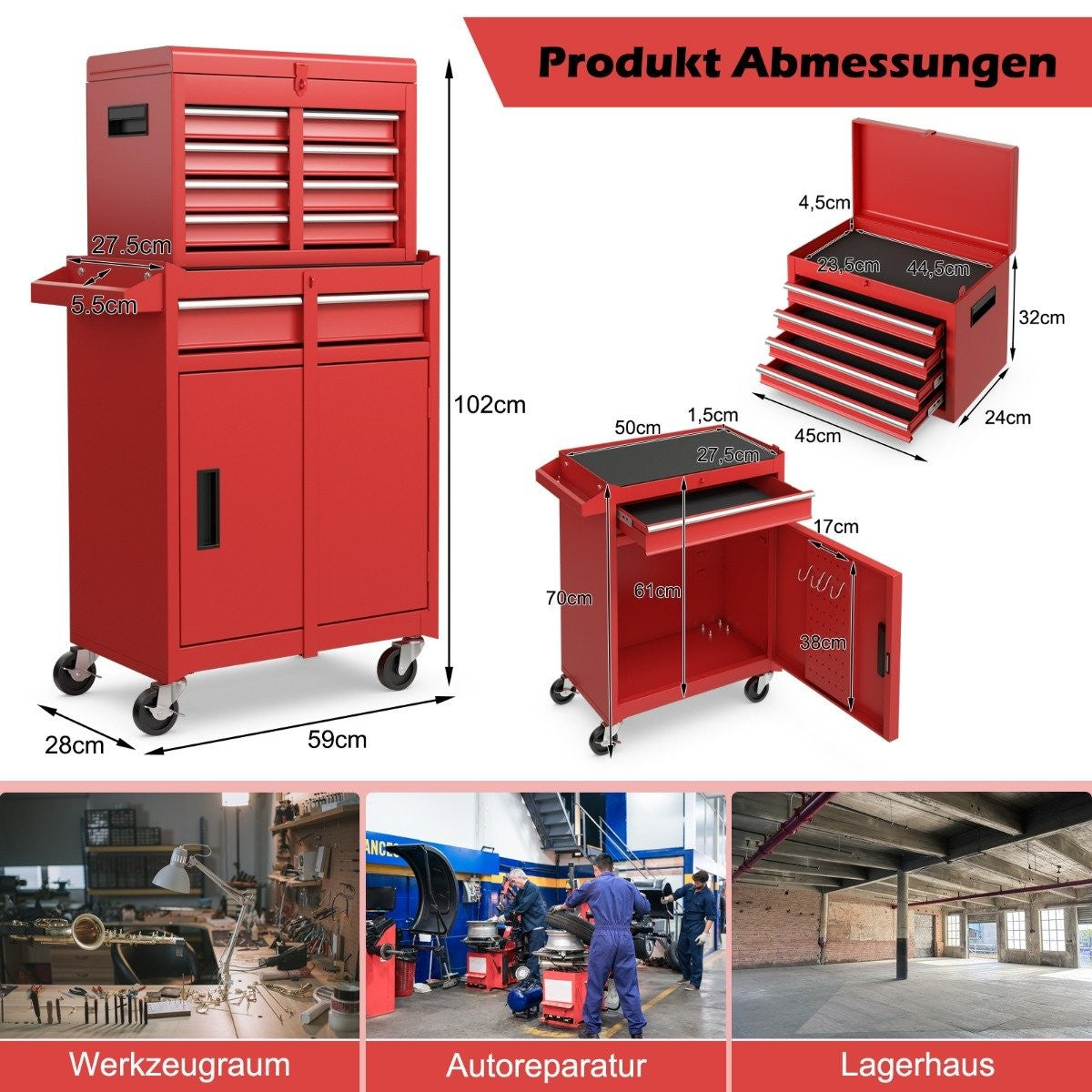 2-in-1 Rolling Tool Chest with 5 Drawers, 100kg Capacity