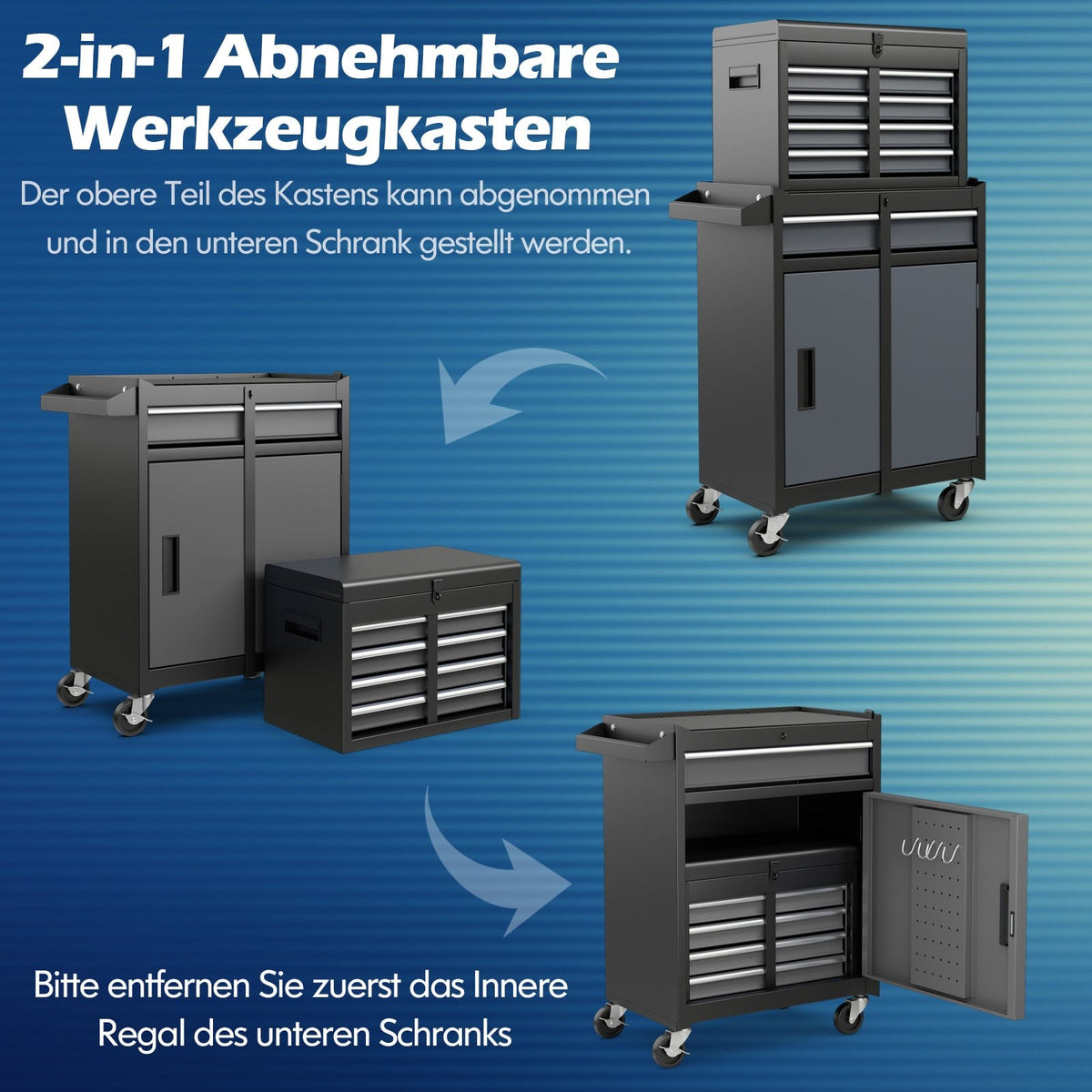 2-in-1 Tool Chest with 5 Drawers, Lockable Wheels