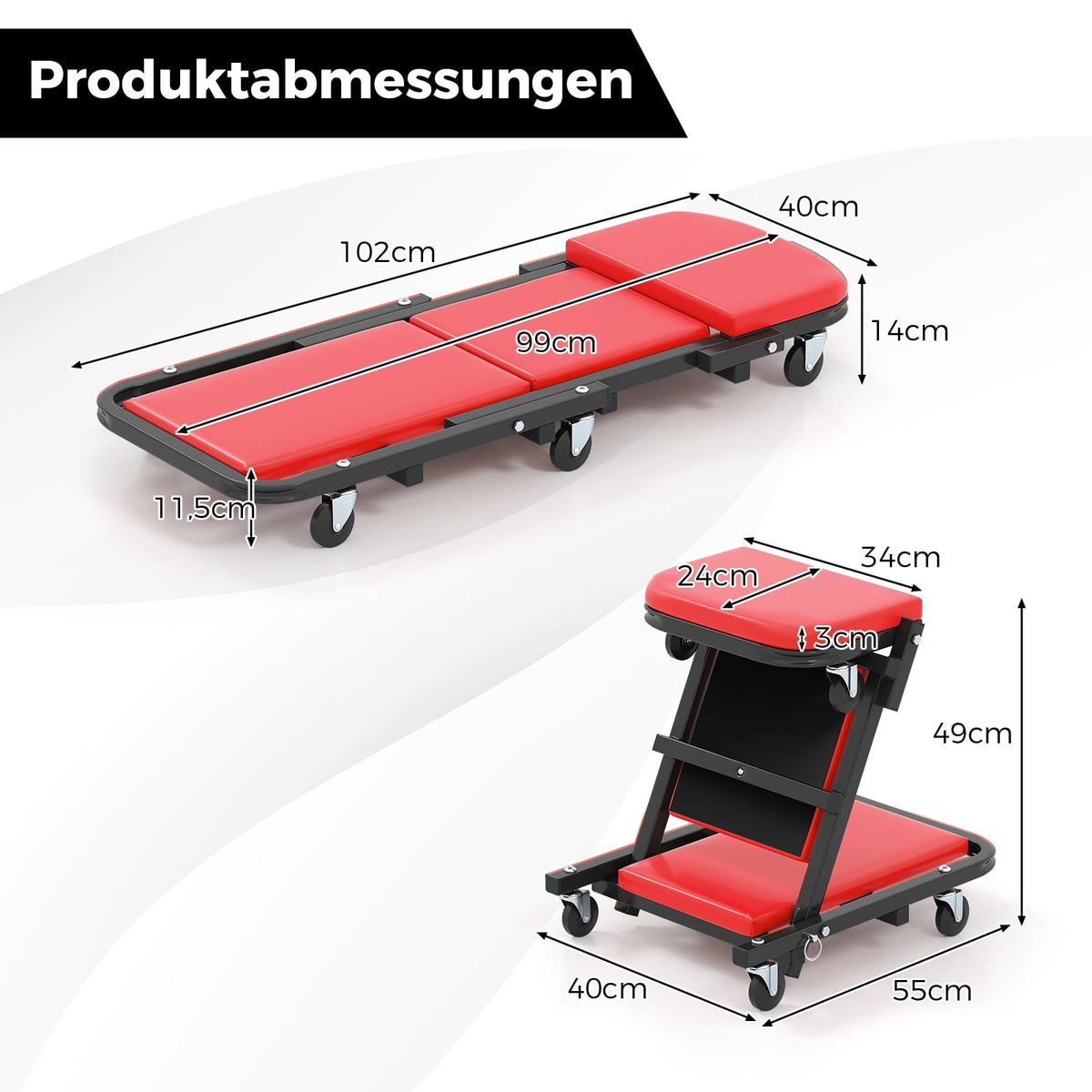 2-in-1 Workshop Creeper Seat, 160kg Capacity, Red