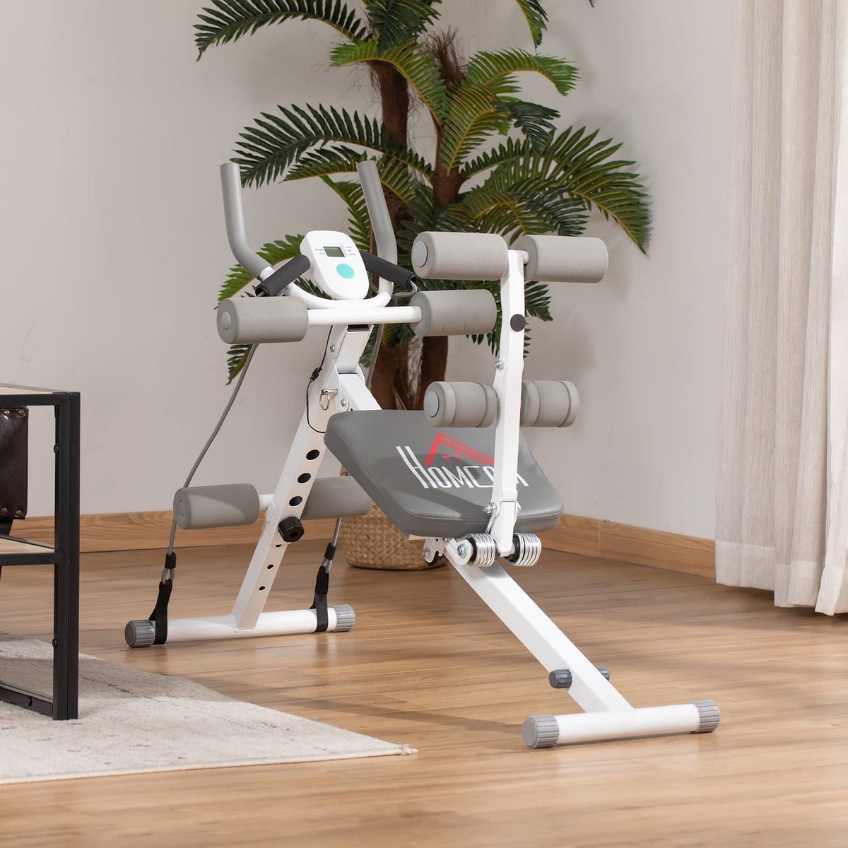 2-in-1 abdominal trainer, abdominal muscle trainer with adjustable abdominal muscle bench, height-adjustable trainer with LCD display, for muscle building, fitness, load capacity up to 100 kg, steel, white + gray