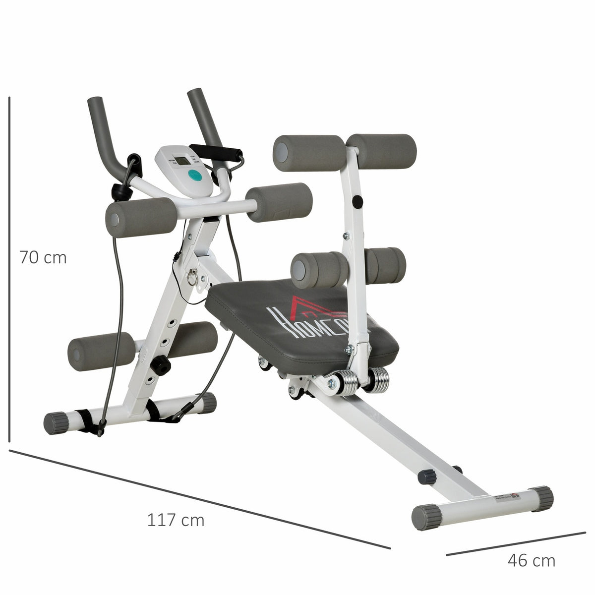 2-in-1 abdominal trainer, abdominal muscle trainer with adjustable abdominal muscle bench, height-adjustable trainer with LCD display, for muscle building, fitness, load capacity up to 100 kg, steel, white + gray