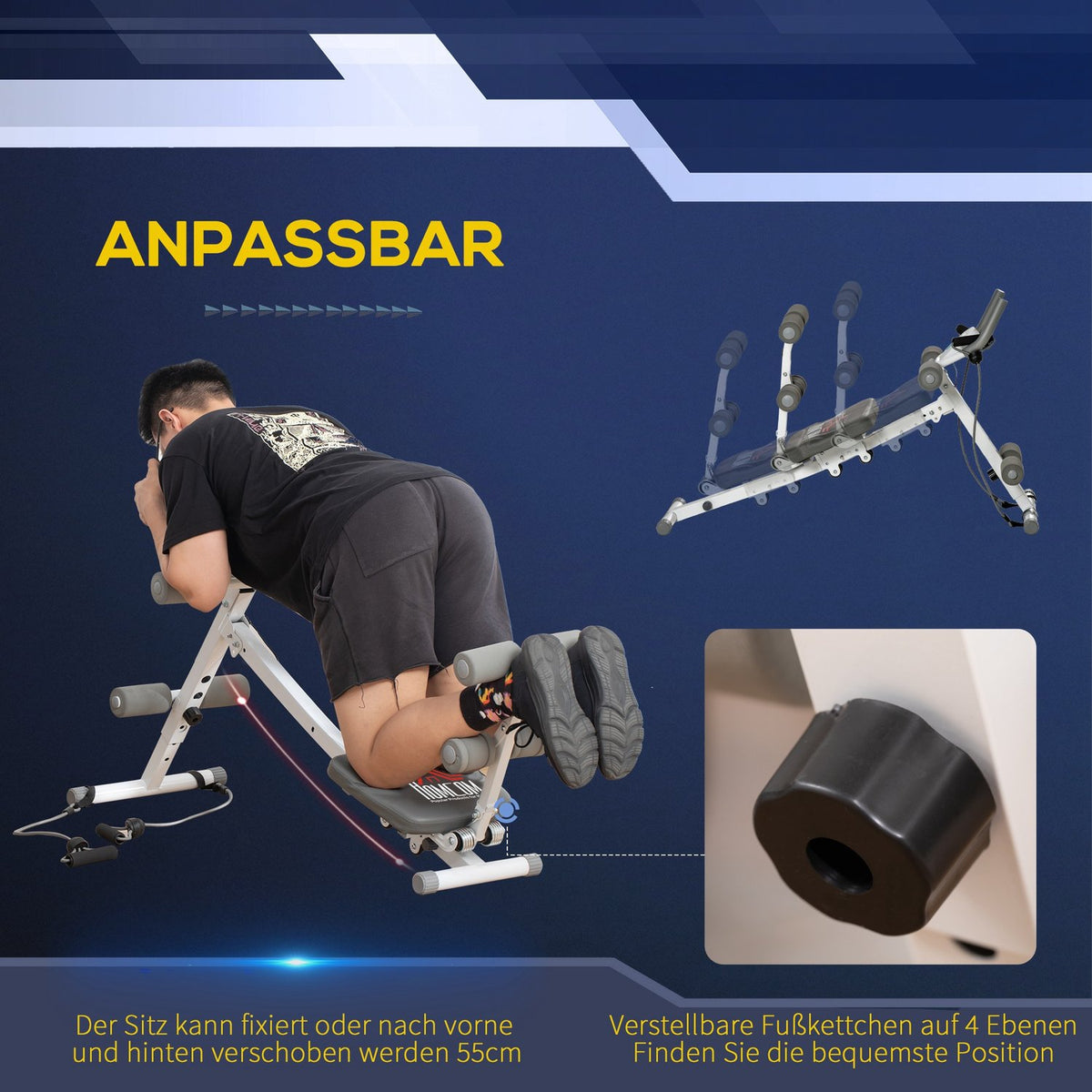 2-in-1 abdominal trainer, abdominal muscle trainer with adjustable abdominal muscle bench, height-adjustable trainer with LCD display, for muscle building, fitness, load capacity up to 100 kg, steel, white + gray