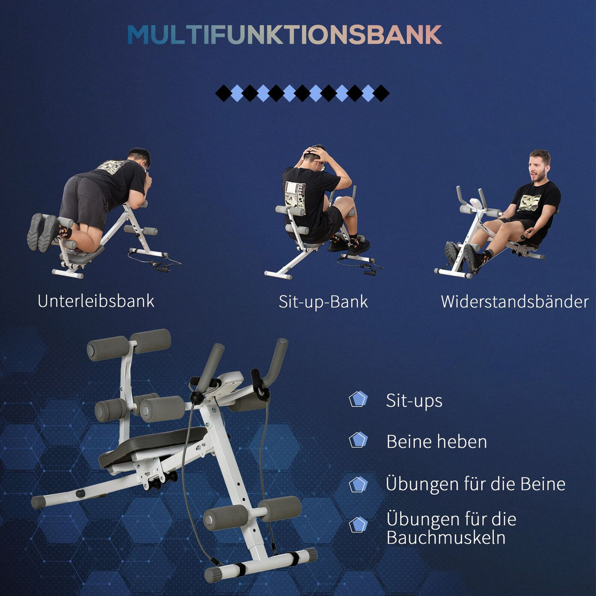 2-in-1 abdominal trainer, abdominal muscle trainer with adjustable abdominal muscle bench, height-adjustable trainer with LCD display, for muscle building, fitness, load capacity up to 100 kg, steel, white + gray
