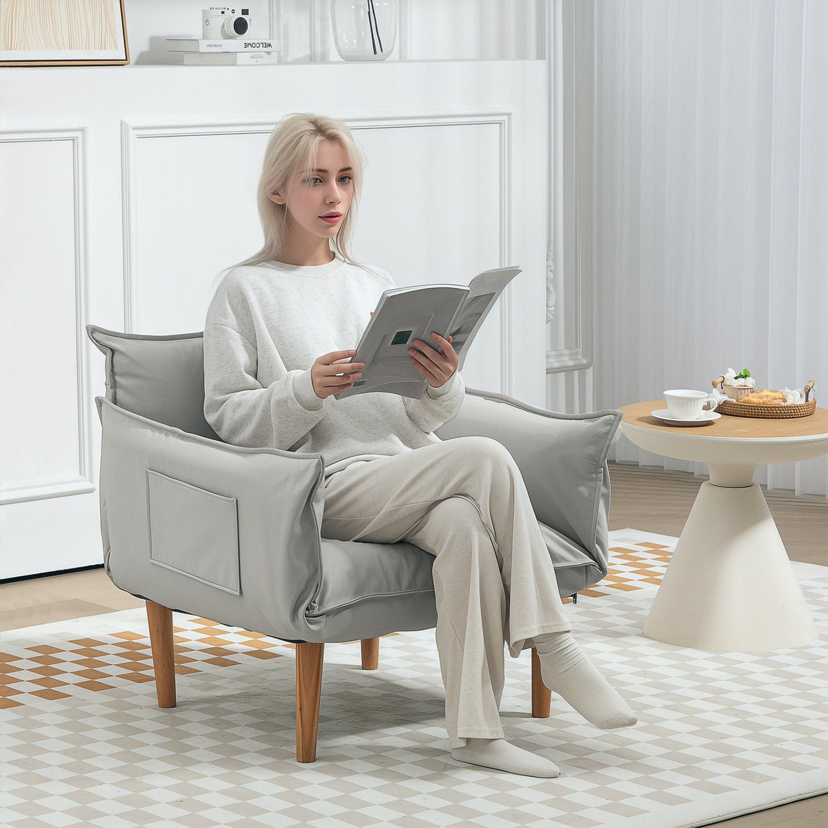 2-in-1 armchair, lounge chair with cushion, floor chair with adjustable backrest, padded upholstered armchair, single armchair for living room, microfibre cloth, light gray