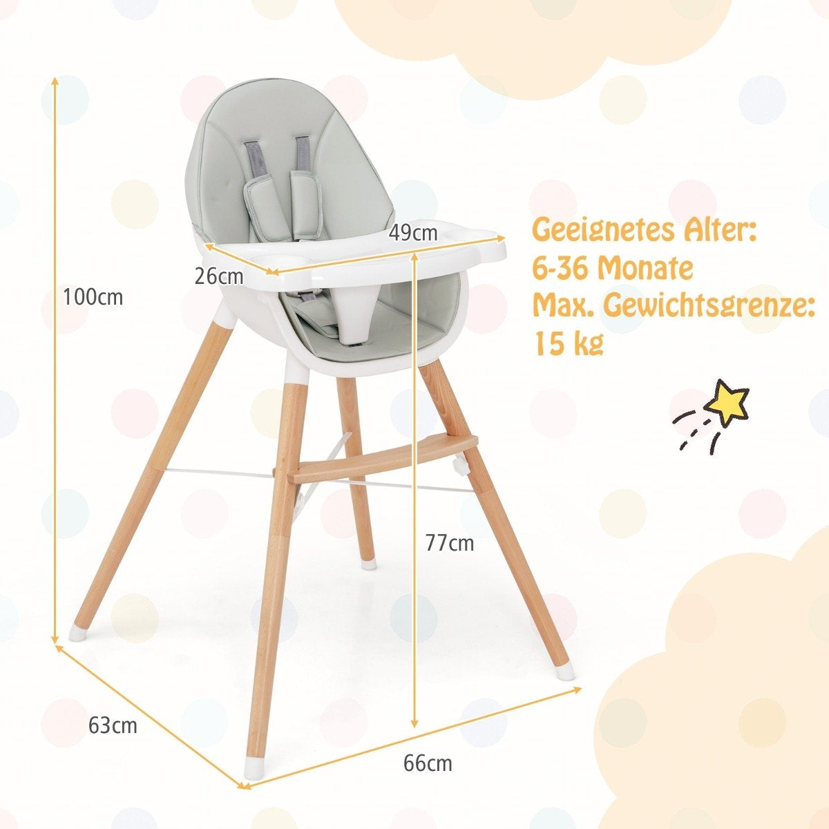 2 in 1 baby high chair made of beech wood with 5-point safety belt & double tray gray