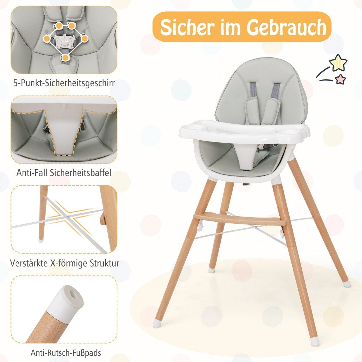 2 in 1 baby high chair made of beech wood with 5-point safety belt & double tray gray
