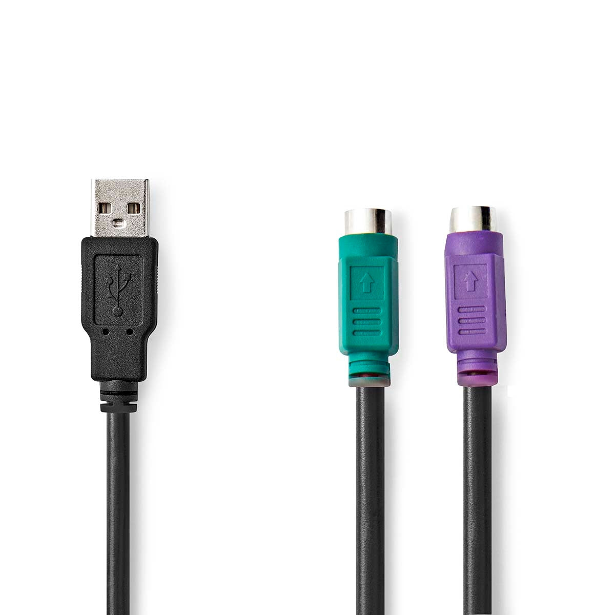 2 in 1 cable | USB 2.0 | USB-A Male | 2x PS/2 Female | 480 Mbps | 0.30 m | Nickel Plated | Round | PVC | Black | Box