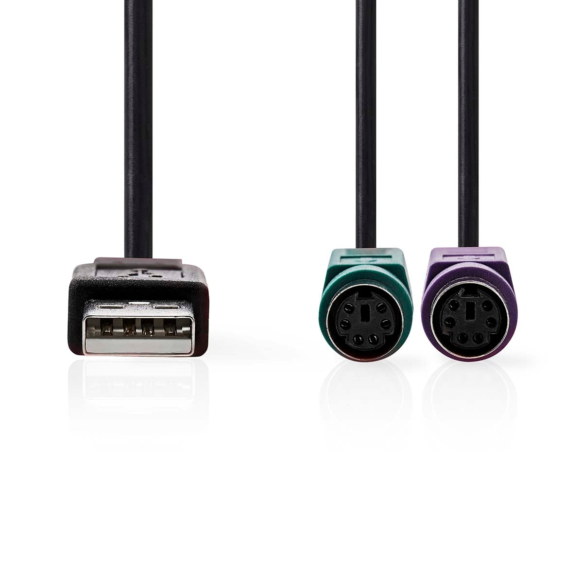 2 in 1 cable | USB 2.0 | USB-A Male | 2x PS/2 Female | 480 Mbps | 0.30 m | Nickel Plated | Round | PVC | Black | Box