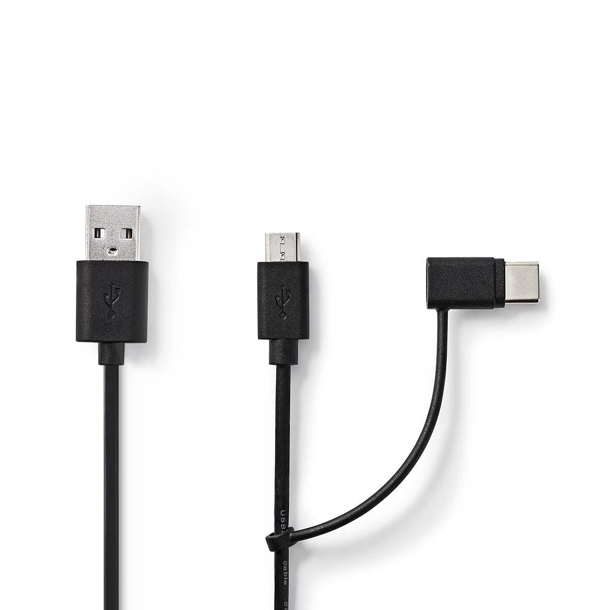2 in 1 cable | USB 2.0 | USB-A Male | USB Micro-B Male / USB-C™ Male | 480 Mbps | 1.00 m | Nickel Plated | Round | PVC | Black | Blisters