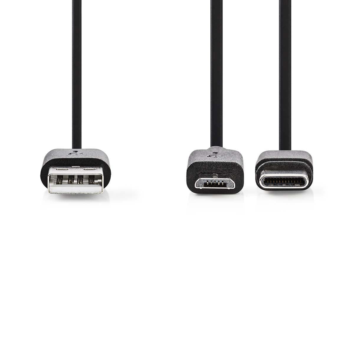 2 in 1 cable | USB 2.0 | USB-A Male | USB Micro-B Male / USB-C™ Male | 480 Mbps | 1.00 m | Nickel Plated | Round | PVC | Black | Blisters