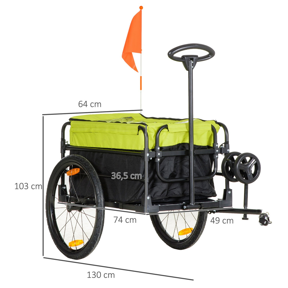 2-in-1 cargo trailer, load 40kg, with brake, storage bag, cover, reflectors, Oxford, 130 x 64 x 103 cm, yellow